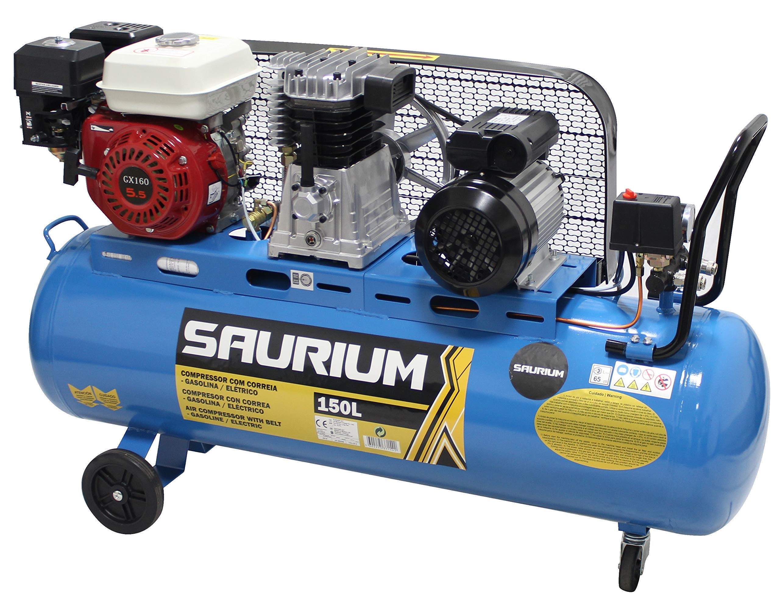 Compresor de Aire - Con Correas - Gasolina + Eléctrico - 150L 5.5/3HP - Ideal para trabajos en lo exterior