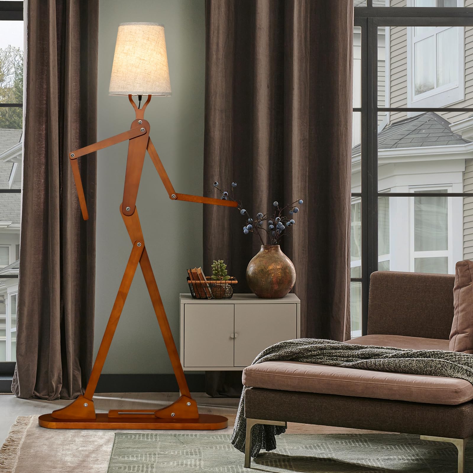 HOMASIS Lampada da Terra Umanoide, Illuminazione Creativa e Decorativa in Legno, Postura intercambiabile, Lampada da Pavimento Salotto con Interruttori a Pedale, Alto 160 cm, Marrone