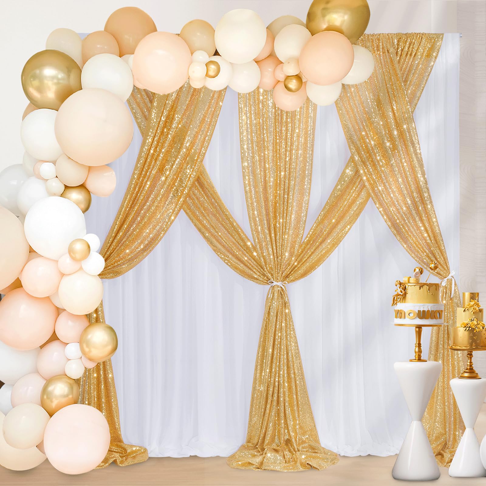 Lot de 3 rideaux de fond à paillettes en mousseline de soie pour fête de mariage Doré 1,2 x 2,4 m
