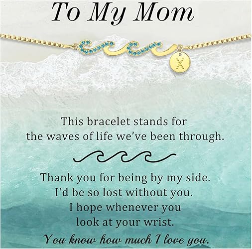 Dainty Gold Bracelet with Initials, Gifts for Women Initial Bracelets for Women Mom Gift Teen Gifts Trendy Stuff Wave Bracelet Grandma Graduation Gifts for Her 2025 Daughter Friend Letter A-Z Birthday Christmas Jewelry