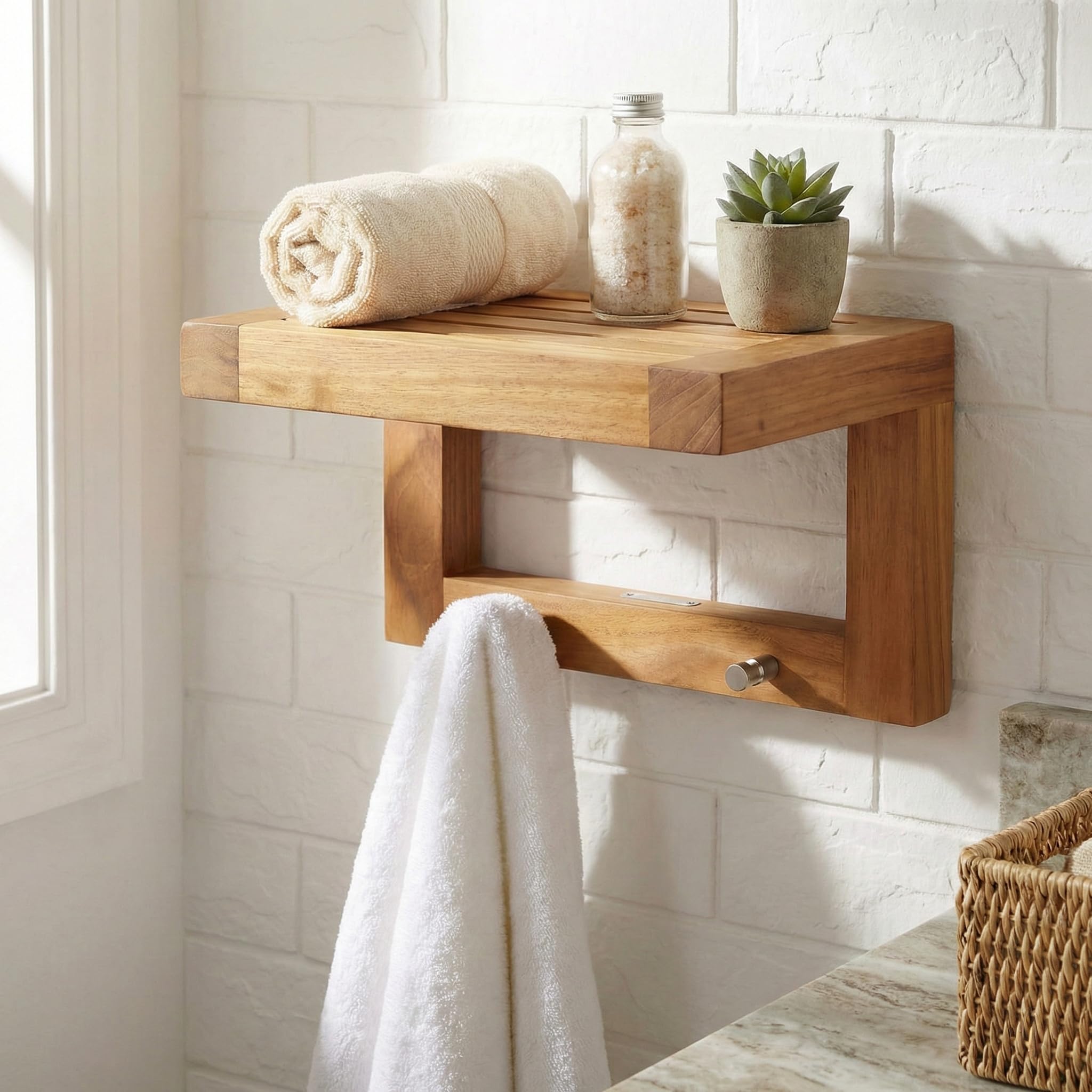 AquaTeak 12" Moa Teak Flat Wall Shelf with Hooks