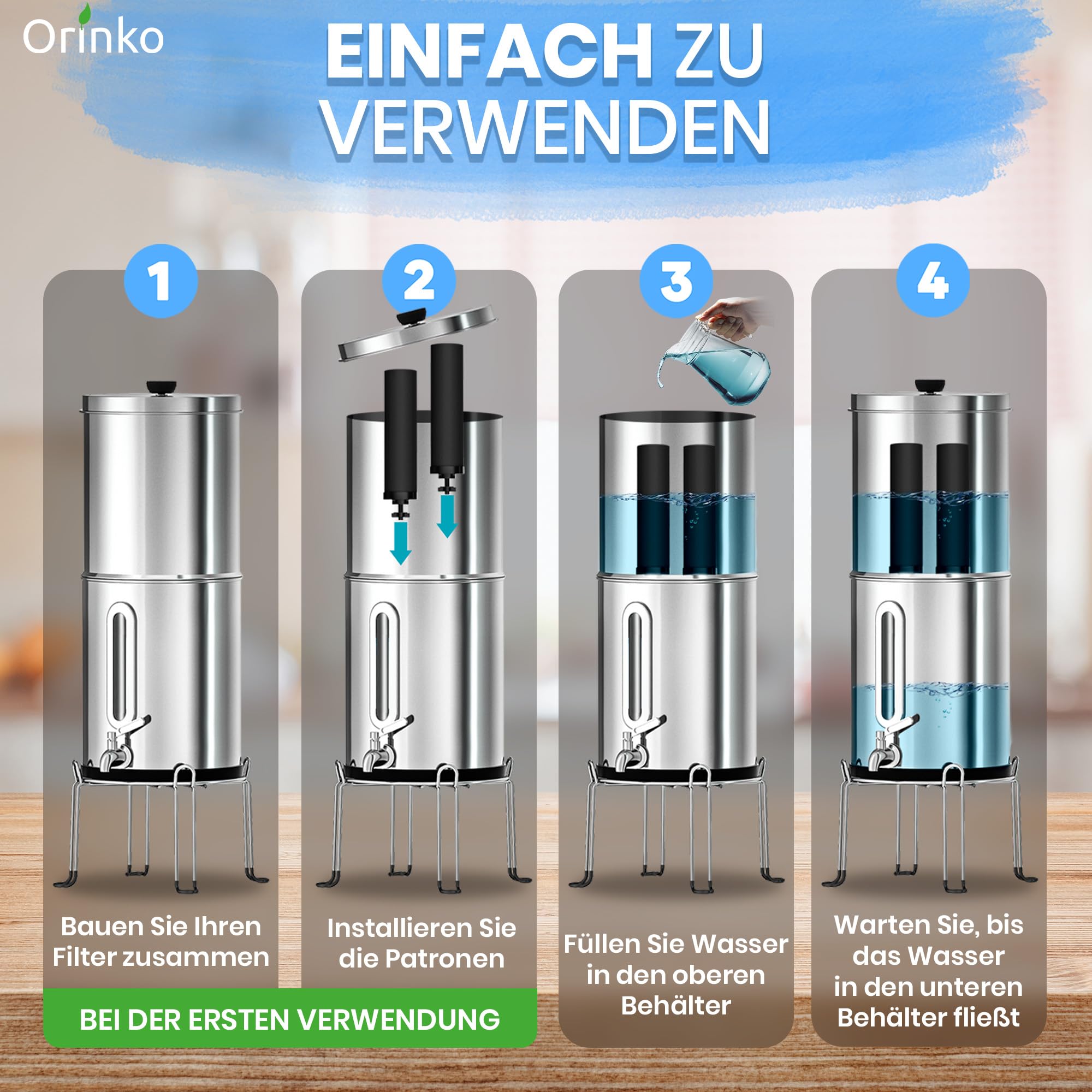 ORINKO Schwerkraft Wasserfilter – Wasserreiniger mit Aktivkohle – Filterbrunnen für Leitungswasser, Regenwasser & Outdoor-Nutzung