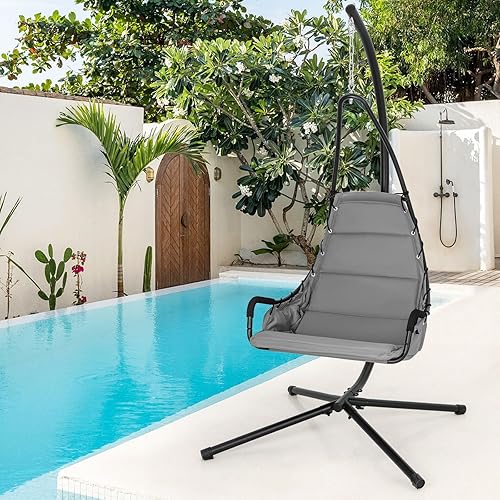 Miniatura 9 de Tangkula Silla columpio con soporte, silla colgante de huevo para interiores y exteriores con cojín, silla hamaca para interiores y exteriores con