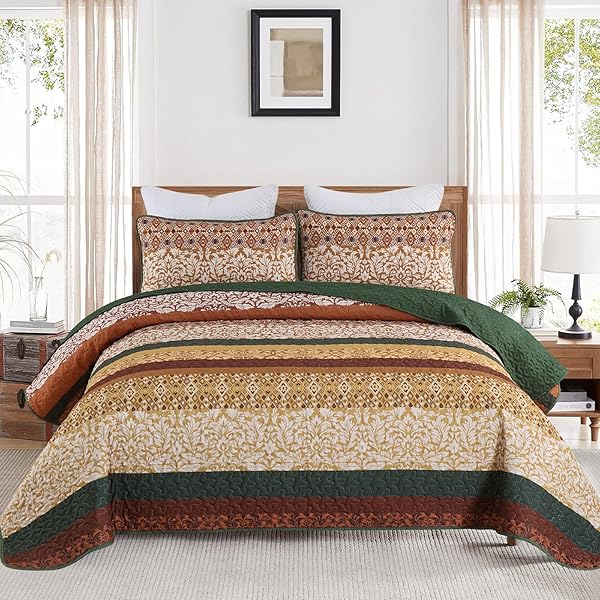 DJY Boho Quilt Set King Size Brown Green Bohemian Striped Bedspread Coverlet Set, Boho Floral Pattern Soft Microfiber Quilted Bedding Set for All Season, 104''x90''