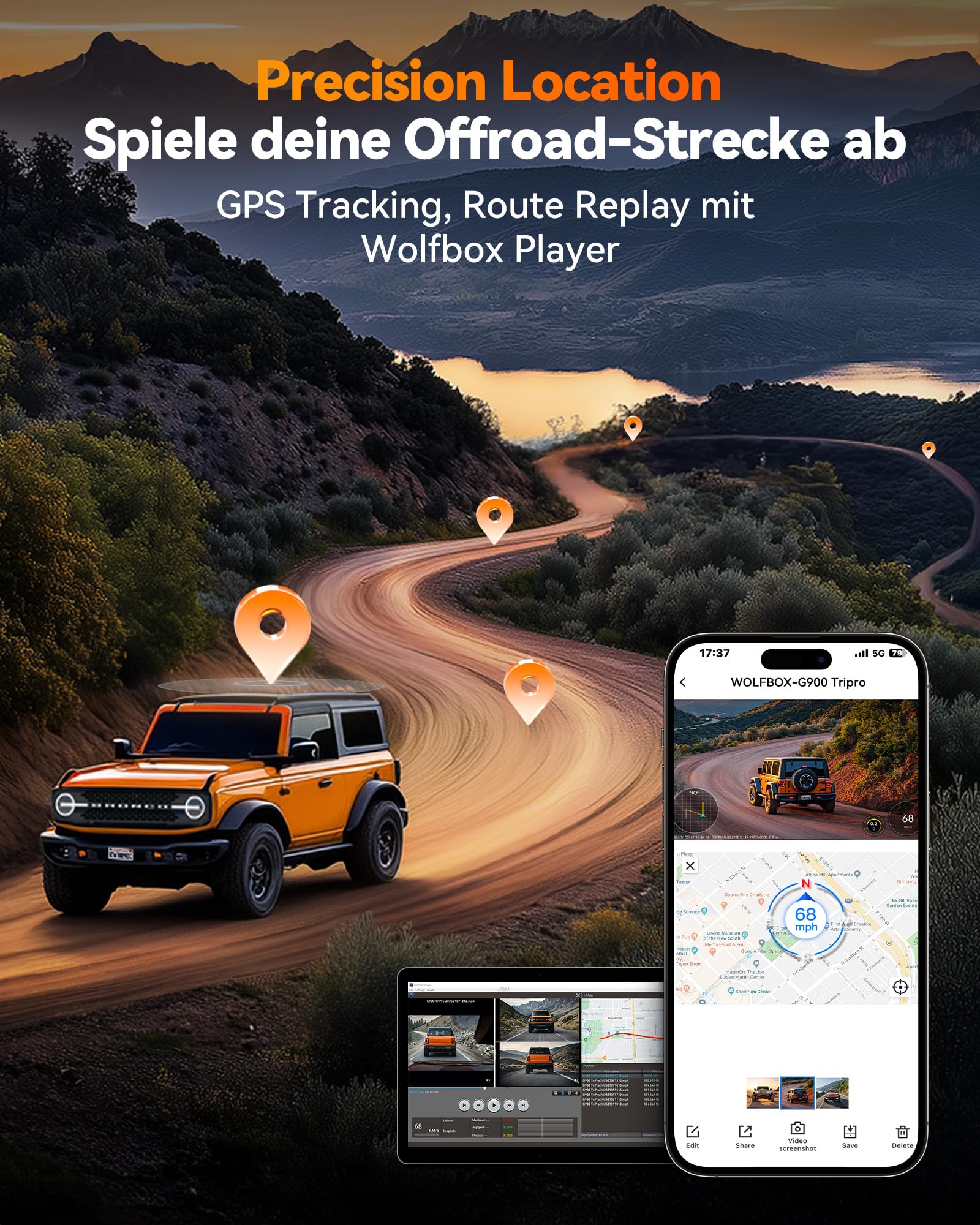 WOLFBOX G900Tripro Stoßstangen-Ausführung 3 Kanal 4K Rückfahrkamera Spiegel | 8MP STARVIS 2 IMX678, 4K+2.5K+1080P Dashcam Auto Vorne Hinten für Stoßstange, 5.8GHz WiFi, Sprachsteuerung, 256GB-Karte, GPS