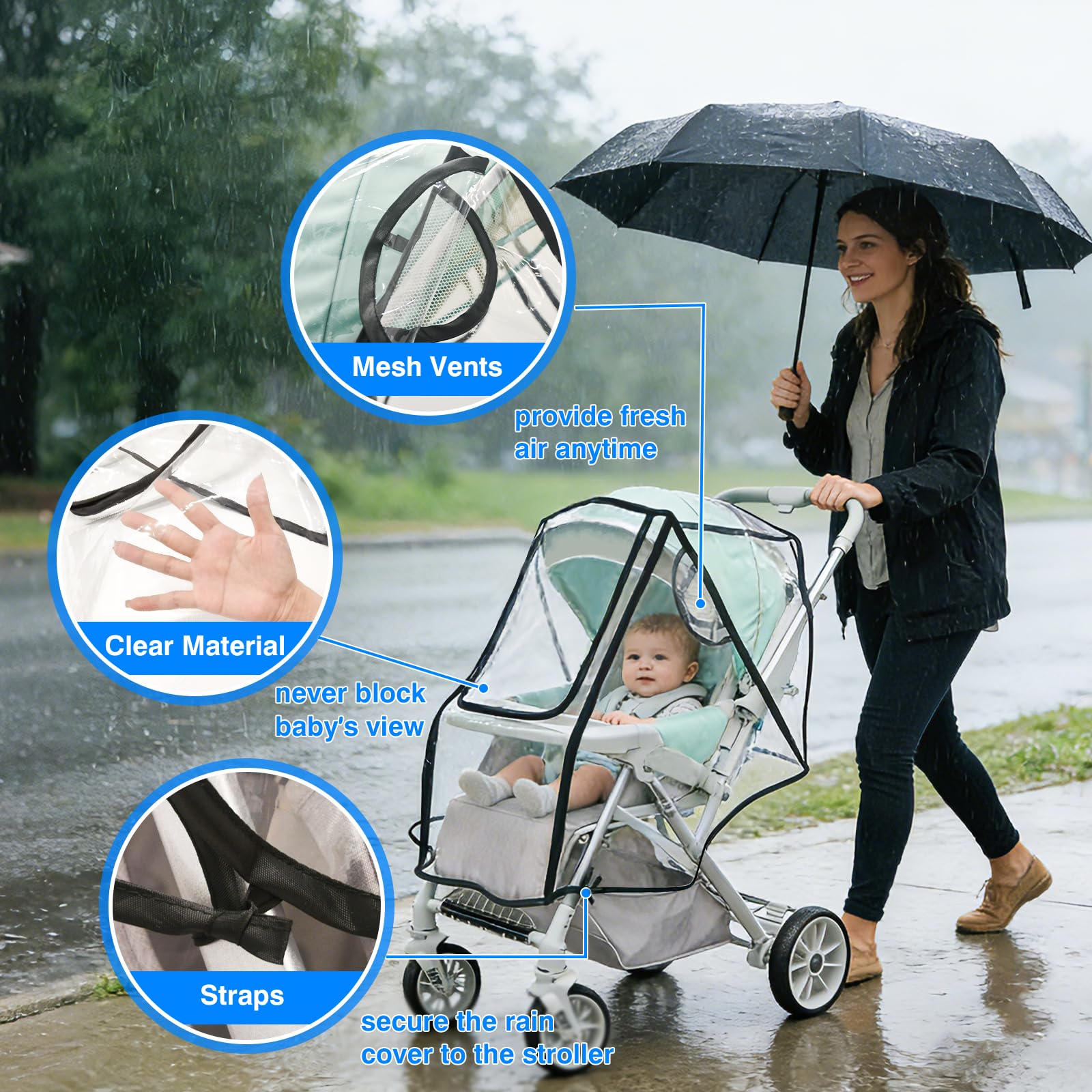 TUPI Stroller Rain Cover, All Seasons Protection for Walking, Camping, Universal Baby Travel Gear, Transparent Stroller Poncho, Baby Stroller Weather Shield for Outdoor Protection from Rain, Snow, Wind & Dust - 3