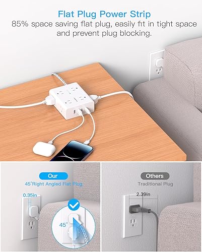 Miniatura 3 de Cable protector de sobretensiones de 6 pies, cable de extensión plano con 8 tomas, 4 puertos USB (2 USB C), 1080 J, extensor de enchufe de pared,