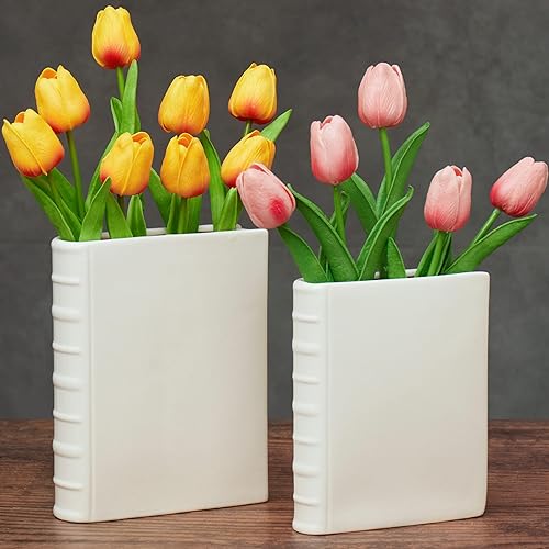 Book Shaped Vase, Ceramic Book Vase for Flowers - Set of 2, Literary Decor, Cute Bookshelf Decor, Pot Planter Bookends, Art Deco Style Piece, Shabby Chic Ceramic, Unique Vases