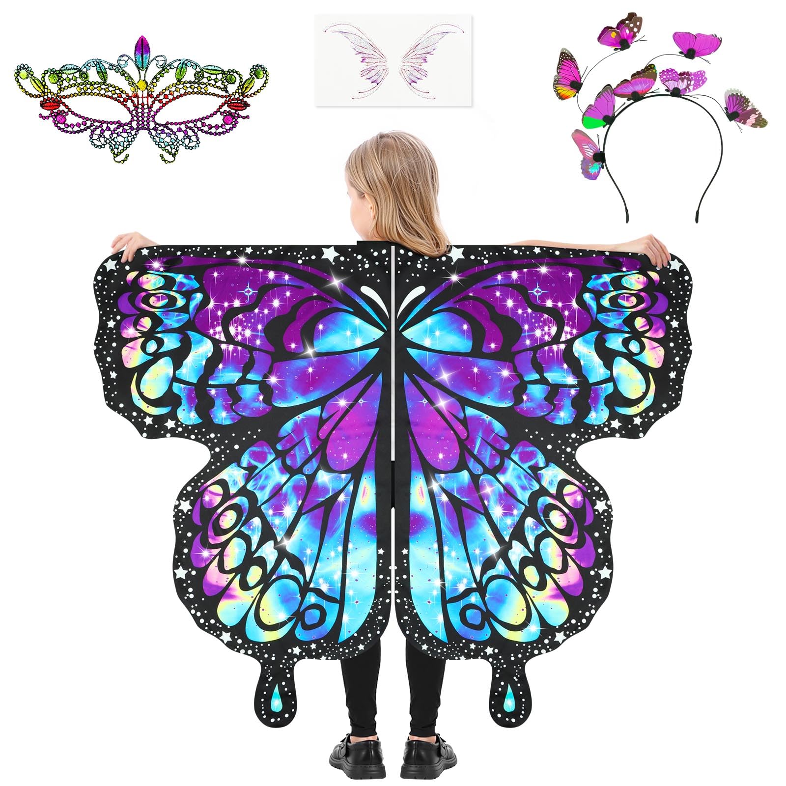 AUYAO Kinder Feenflügel Kostüm 4PC Schmetterlings Flügel Set Mädchen mit Maske Haarreif Tattoo Schmetterling Umhang Flügel Prinzessinnenflügel Schmetterlings Elfen Fee Anzieh Sets Schmetterling Kostüm