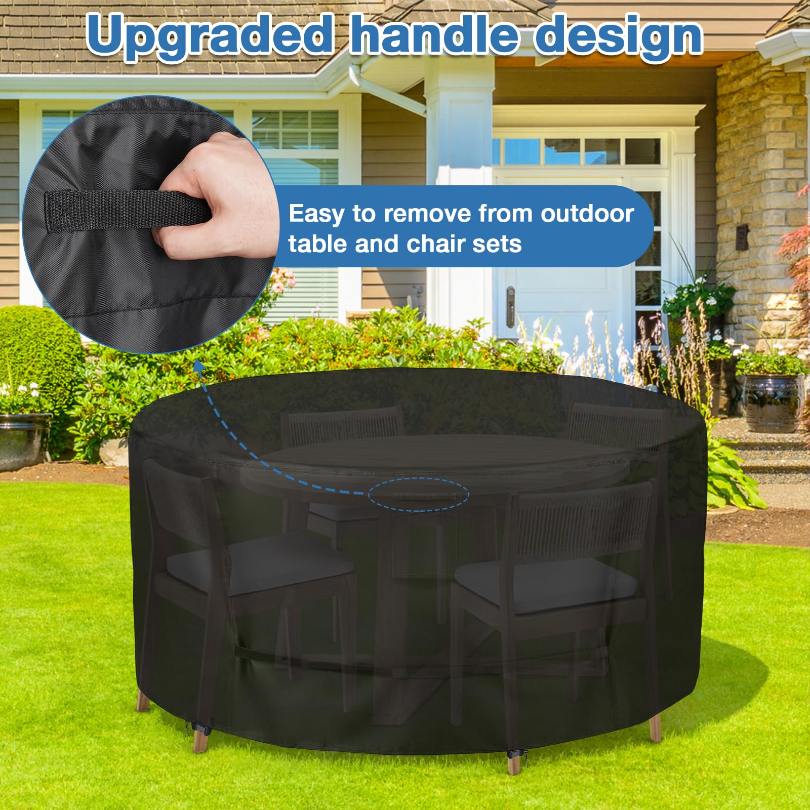 GARPROVM Housse ronde pour table de jardin 420D Oxford 420D imperméable coupe-vent anti-UV avec aérations et sangles Noir 190 x 80 cm