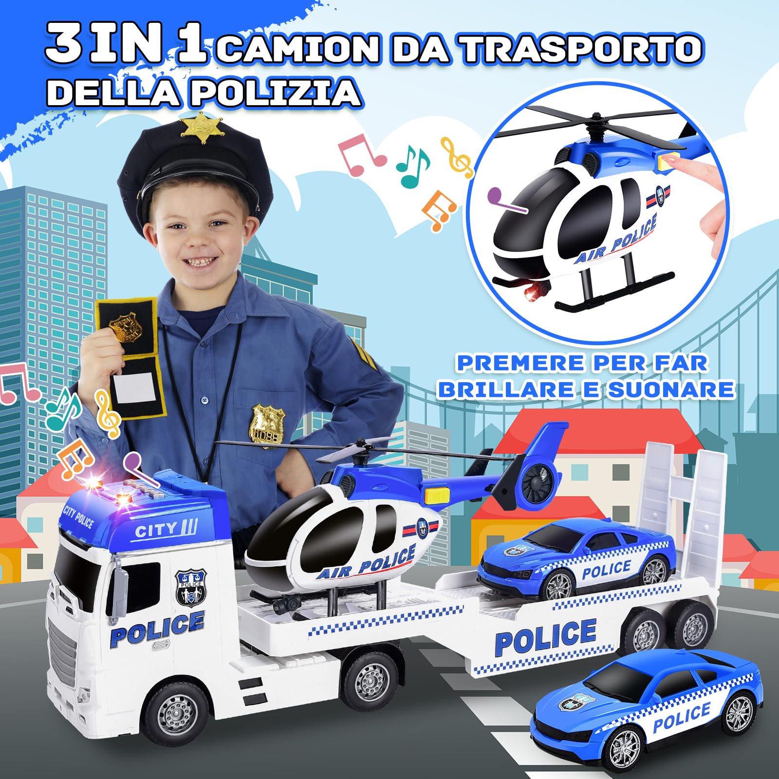 Herefun 3 in 1 Camion Polizia Giocattolo per Bambini, Grande Trasportatore Con Elicottero e Macchina da Corsa, Regalo per Ragazzi 3-6+ Anni