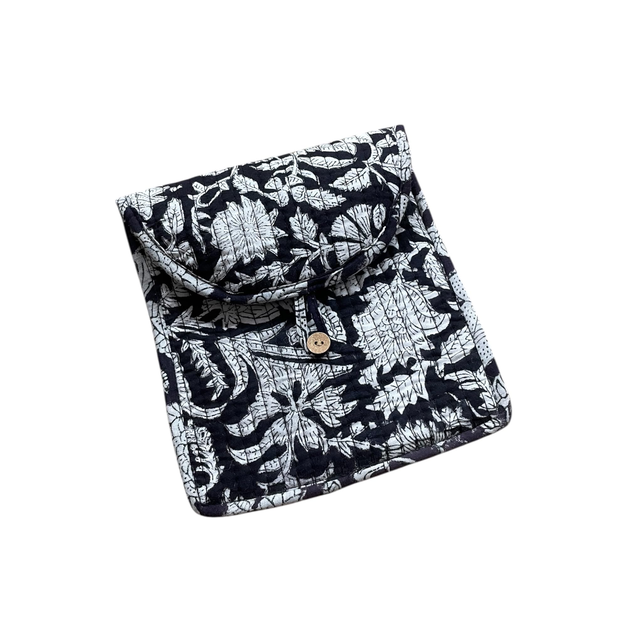 Anokhi Textiles Handblock Quilted Pouch | Small Size Diary, Passport, Specs Holder | Multipurpose Button Pouch Bag| Washable Bag (Black)-image-29