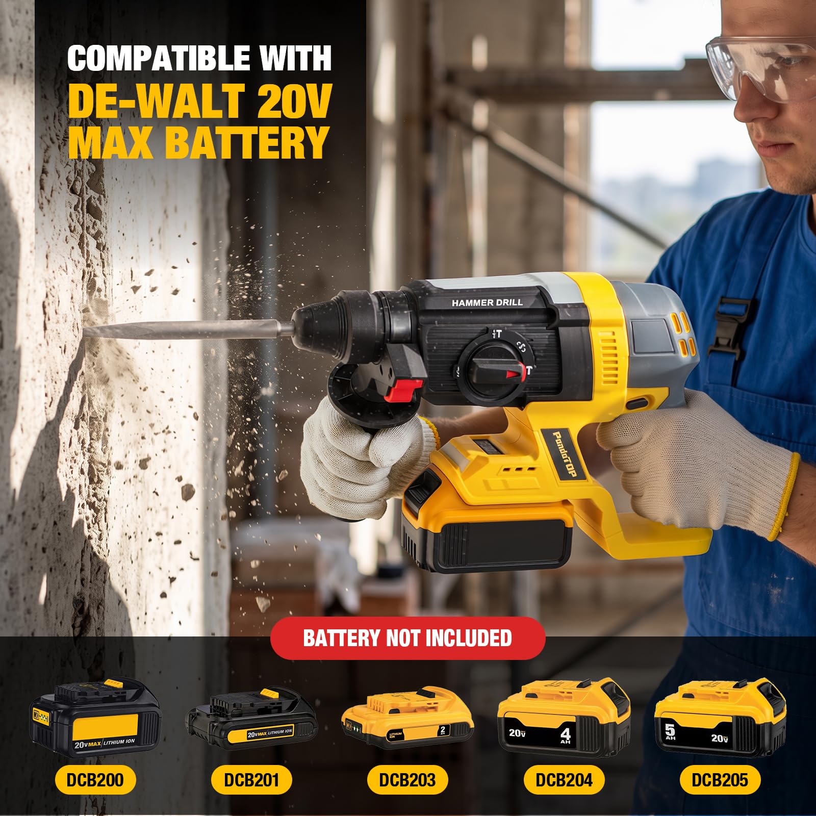 SDS Plus - Trapano a percussione senza fili per Dewalt 20 V Max Batteria, 20 V, senza spazzole, per calcestruzzo, muratura, legno, metallo, rotomartillo, 4 funzioni, 5 trapani con guanti (batteria non
