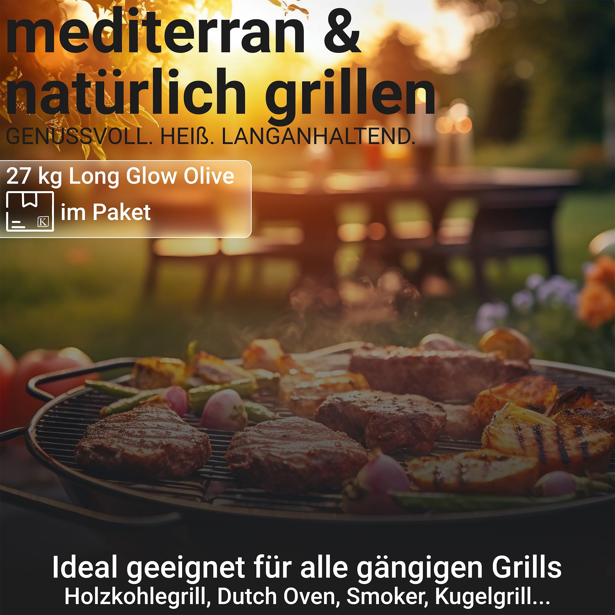 Long Glow® Grillbriketts 27 kg Oliven Premium Briketts - bis 4h Brenn- & Glutdauer - nachhaltige Grillkohle mit hoher Hitze für Grill, Smoker, Pizzaofen & Dutch Oven | 9 x 3 kg | Energie Kienbacher