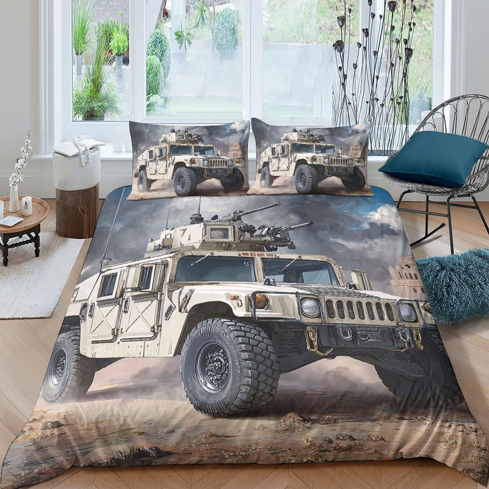 Ctjqhvkz Style-2 3D Printed Military Vehicle Fitted Sheet Microfiber Soft Army Humvee Bed Cover For Bedroom Dorm Mattress Protection Decor Single（135X200cm）