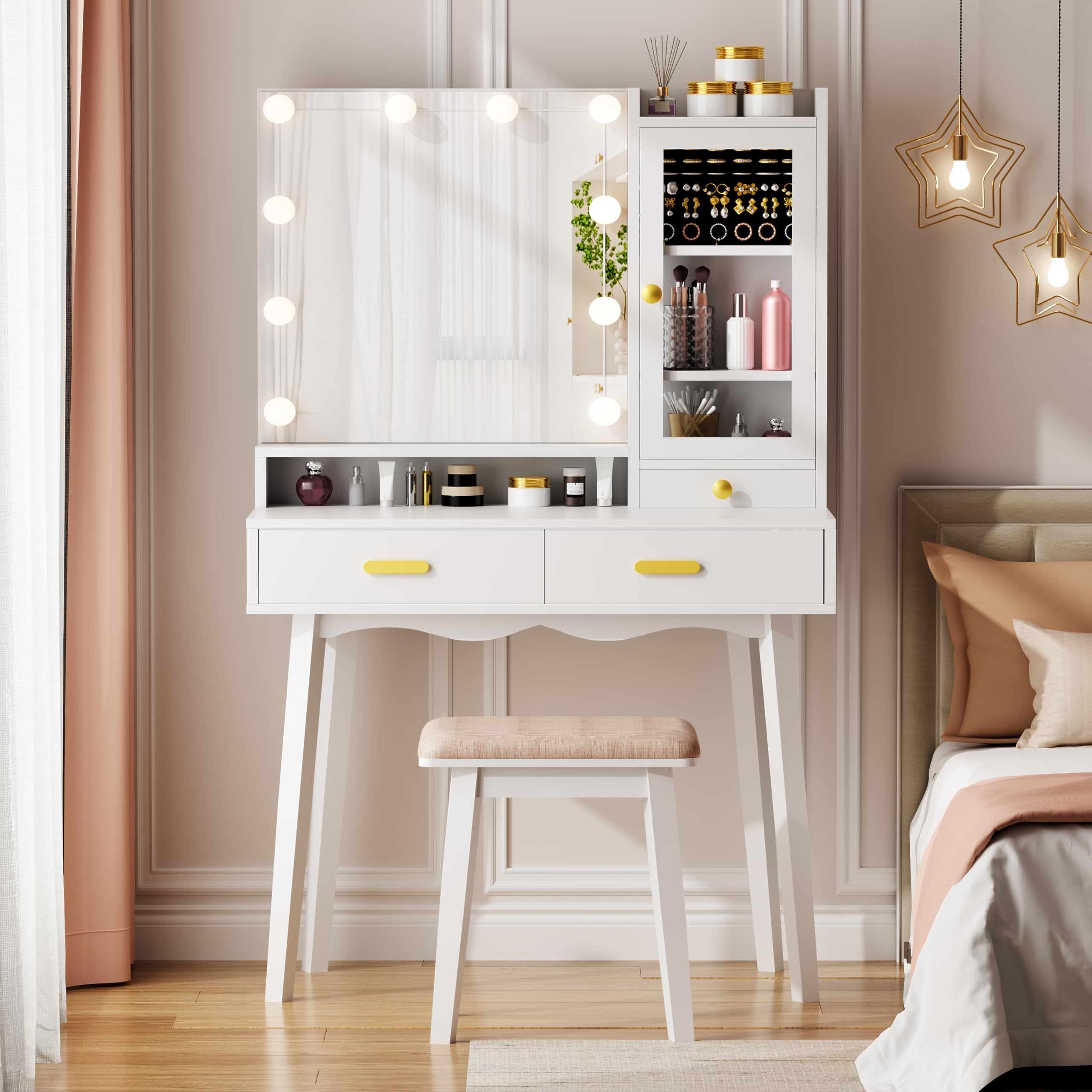 ANWBROAD Tocador de Maquillaje con luz y Taburete Tocador con Espejo en 3 Colore 10 Bombillas LED Iluminación Tocador con Espejo y Luces Tocador con Estante para Joyas Tocador para niñas Blanco BDT73W