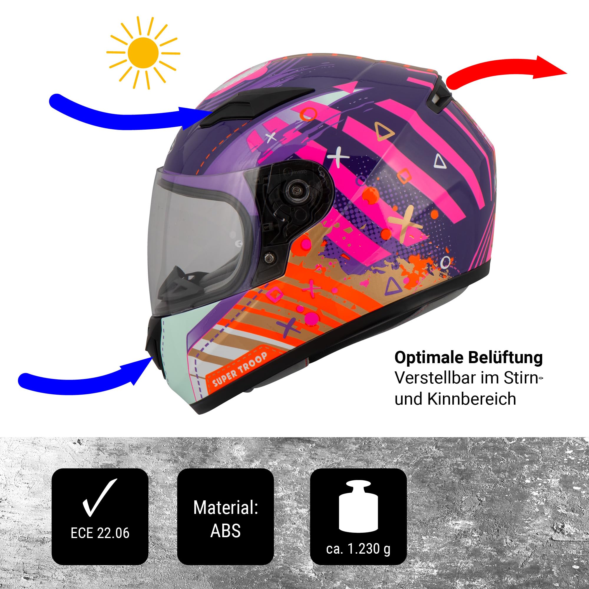 MTR S-12 Kids Evo Motorradhelm Kinder, Kinderhelm Motorrad ECE 22.06 Zertifiziert - Maximale Verkehrssicherheit, Robuster & Leiser Kinder Motorradhelm, Ratschenverschluss, Klares Visier, Schwarz