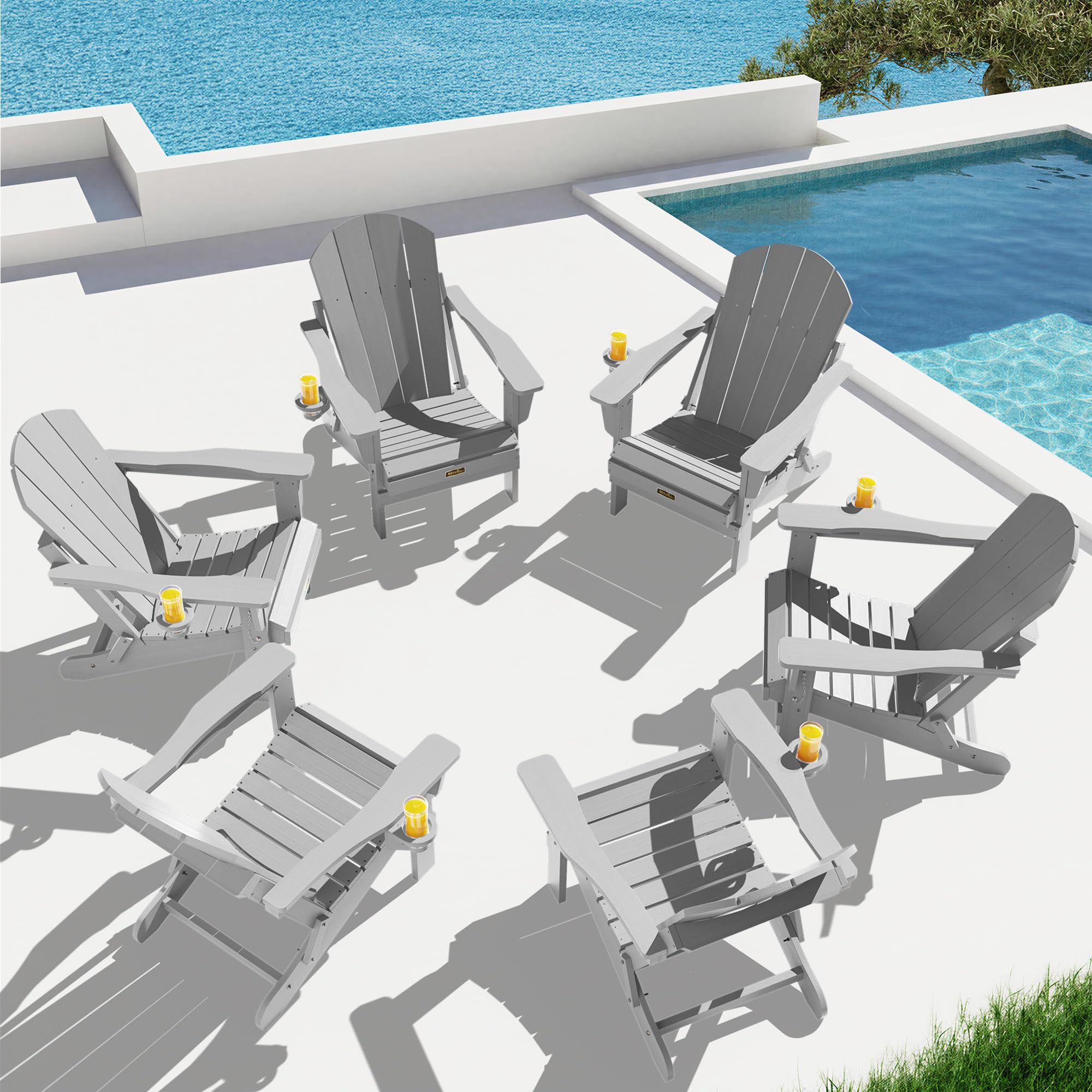 SERWALL Folding Adirondack Chair Set of 6, Weather Resistant HIPS Lawn Chairs with Cup Holder for Patio Garden Outdoors Fire Pit- Spanish Gray