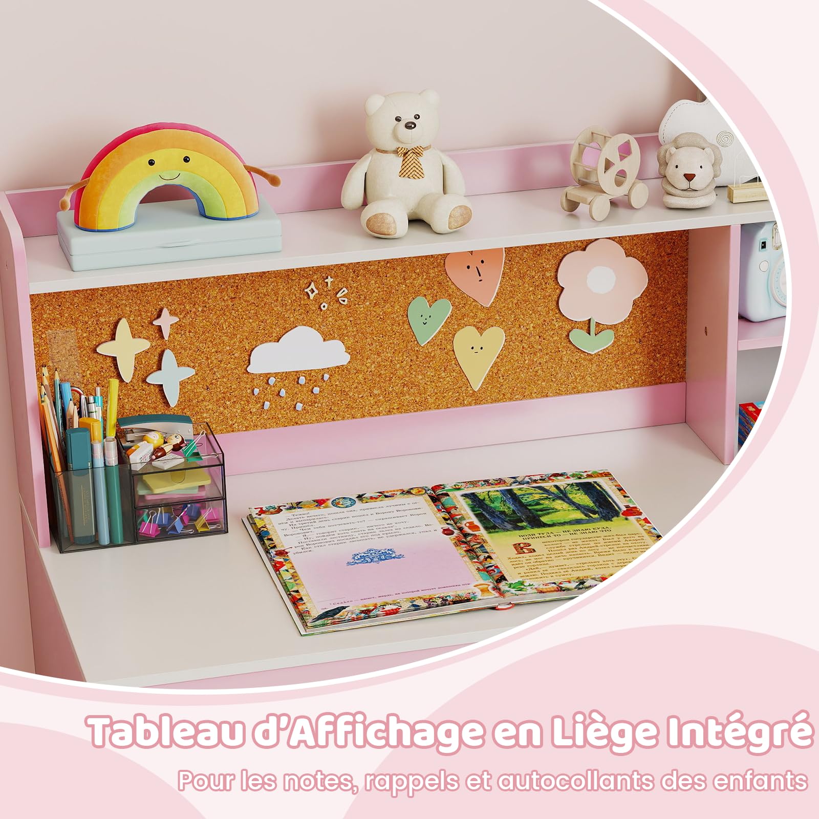 GOPLUS Bureau Enfant Garçon Fille avec Chaise, Bureau avec Rangement Étagère Tiroir Armoire, Panneau en Liège, Table Chaise Enfant pour Manger, Étudier, Dessiner (Rose)