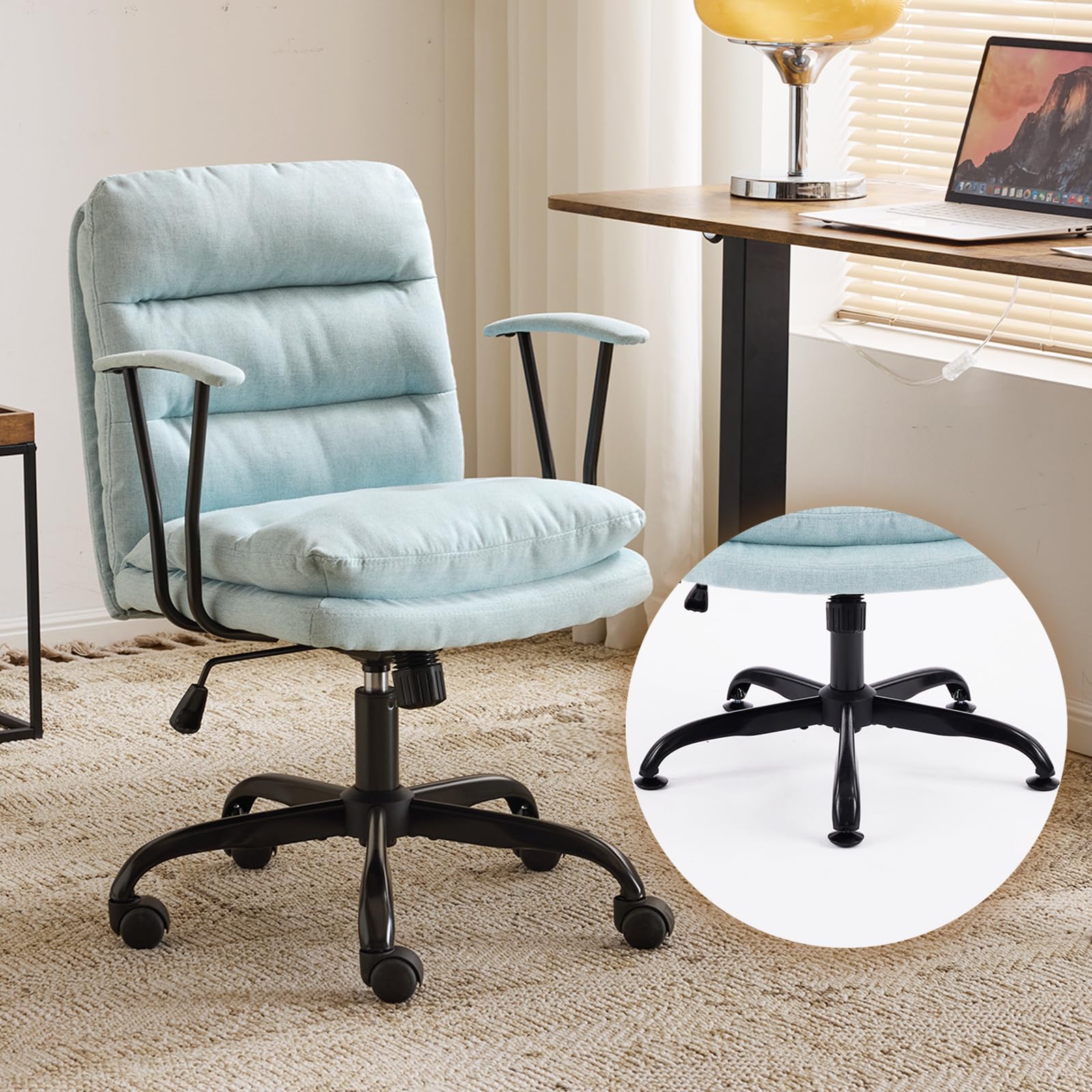 VINGLI Comfy Leisure Vanity Desk Chair with Armrests, Adjustable Height and Extra-thick Seat Pad, 360° Swivel Computer Task Office Chair for Home Office, Bedoom, Gaming & Daily Use, Linen (Mint Green)
