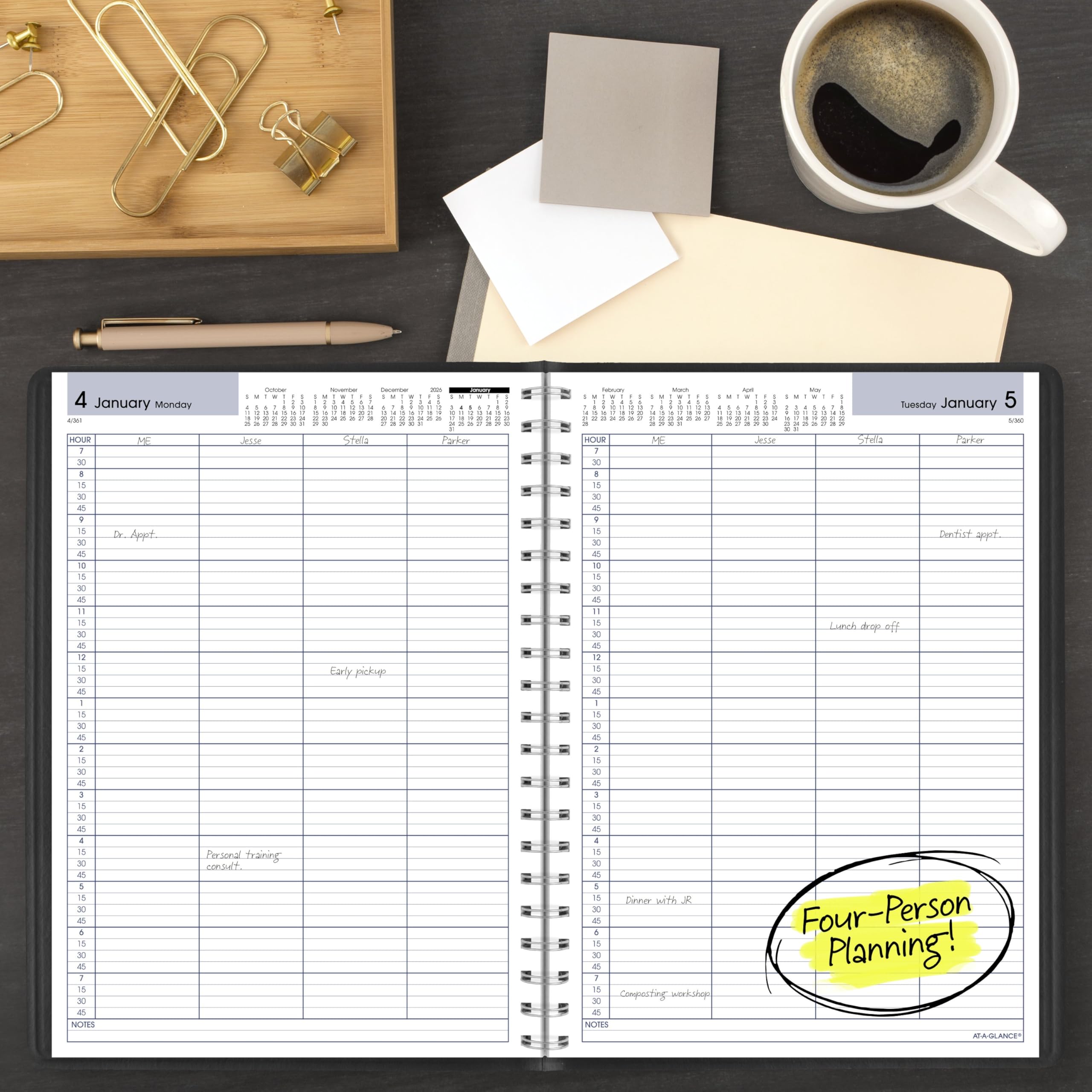 AT-A-GLANCE Agenda giornaliera 2027 per appuntamenti, 20,3 x 27,9 cm, quattro persone, quarto d'ora, DayMinder, nero (G5600027)