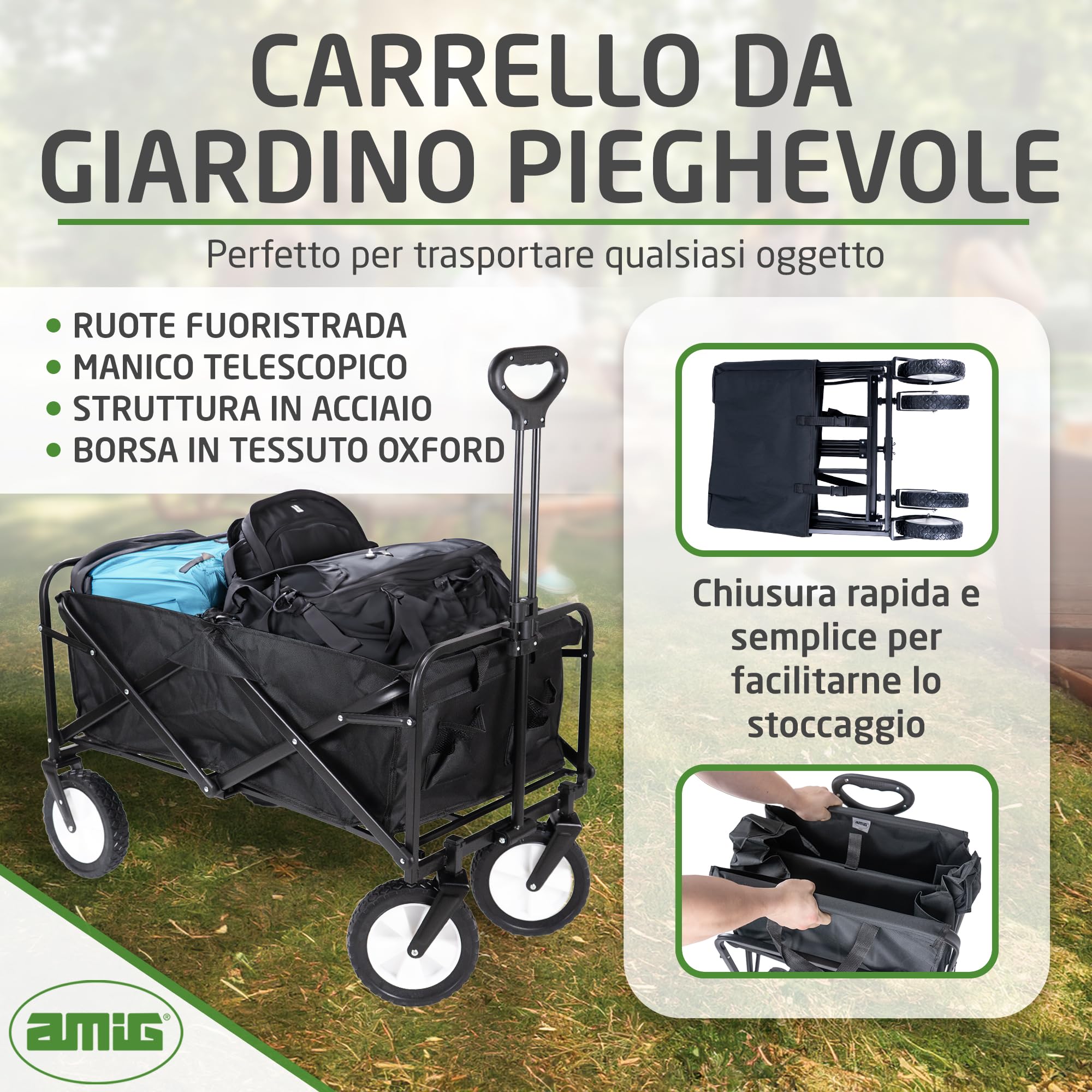 Amig - Carrello da Giardino Pieghevole Carrello da Spiaggia con Tessuto Oxford Impermeabile Colore Nero Ruote da 20 cm di diametro 360º Carico max 100 kg
