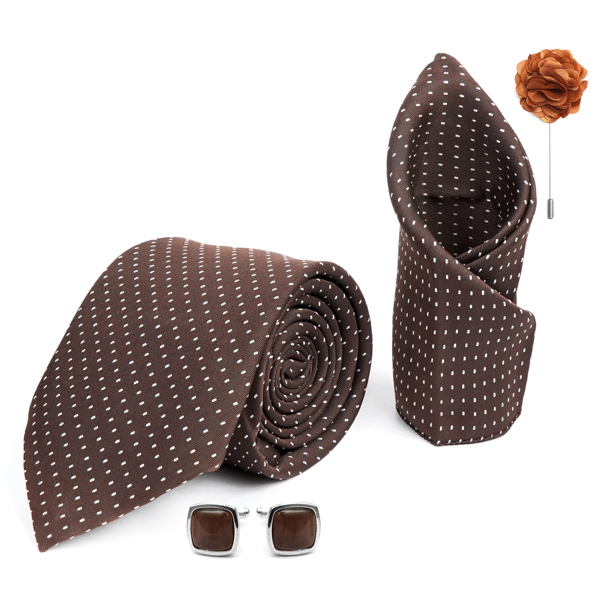 rizoro Mens Plaid Dotted Silk Necktie Gift Set With Pocket Square Cufflinks & Brooch Pin Formal Tie With Leatherite Box (Brown D1BNRX Free Size)-picture-17