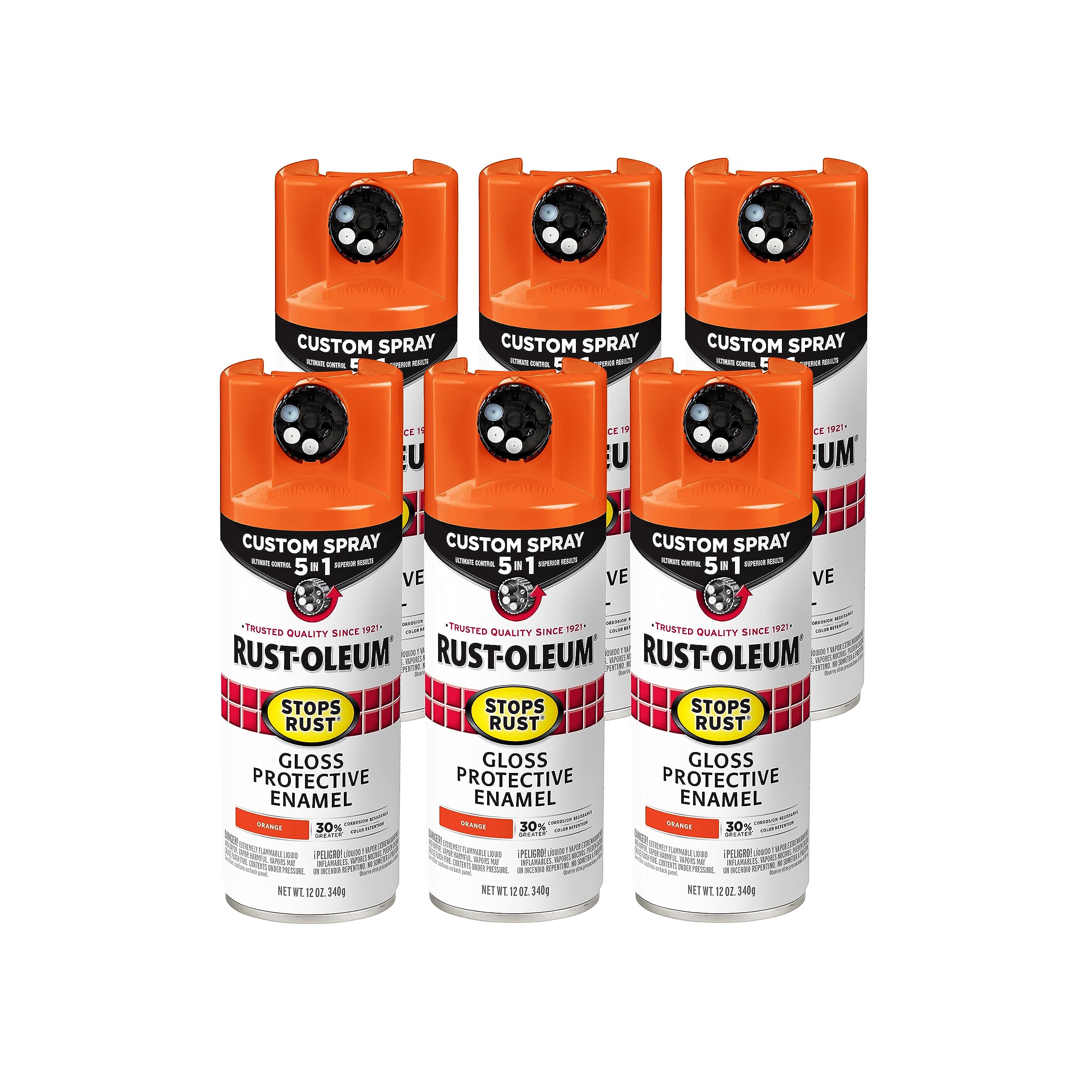Rust-Oleum 376894-6PK Stops Rust Custom Spray 5-in-1 Spray Paint, 12 oz, Gloss Orange, (Pack of 6)