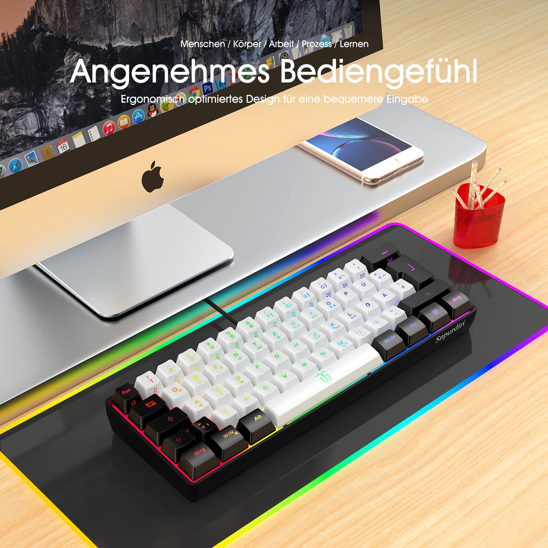 Snpurdiri 60% Tastiera da Gaming Cablata, Mini Piccola, Tastiera Compatta RGB Portatile per PC, Mac, Ufficio, Gaming (61 Tasti, Alfabeto Tedesco, Nero e Bianco)