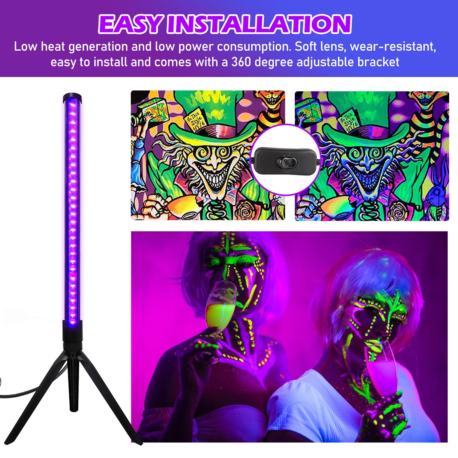 Led-blacklight, 2 stuks, uv-blacklight-lamp, bar, 5 W, 28 cm, USB, zwarte lichtbalk, zwarte lichtbuis, met stekker en schakelaar, uv-lichtstrip, partylicht voor party, disco, club, bar