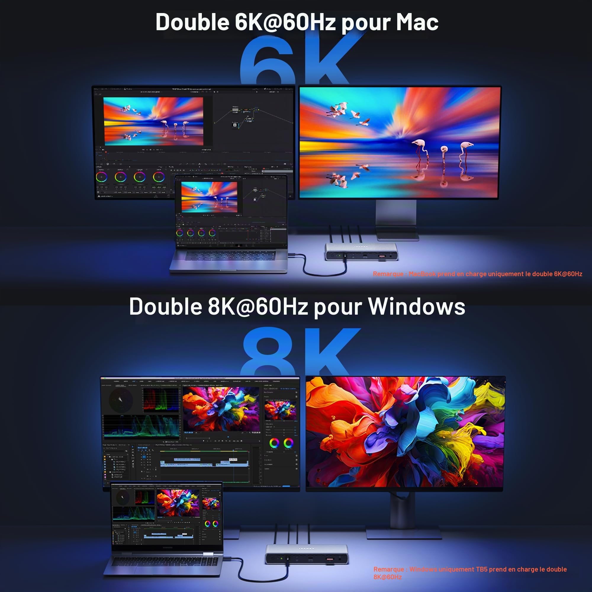iVANKY Station d'accueil Thunderbolt 5 Dock Certifiée Intel, FusionDock Pro 3 Double 6K@60Hz pour MacBook M1/M2/M3/M4/M5 Pro/Max, Double 8K pour Windows TB5, Alimentation 180W, 120Gbps, 2.5GbE