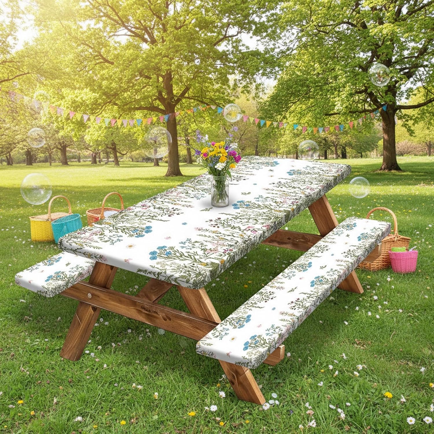Wildflowers Picnic Table Cover with Bench Covers with Drawstring Bag, Elastic Fitted Tablecloth, Waterproof Washable Polyester Camping Essentials for Outdoor Patio Rustic Farmhouse Decor
