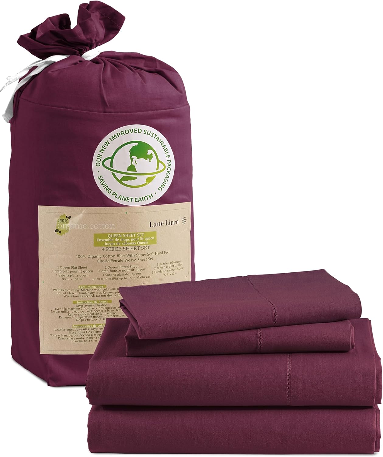 LANE LINEN Queen Size Bed Sheets, 100% Organic Cotton Percale Sheets, Soft Cooling Bed Sheets, Hotel Quality Queen Bed Sheet Set, Breatheble Queen Sheet Set Deep Pocket Upto 15