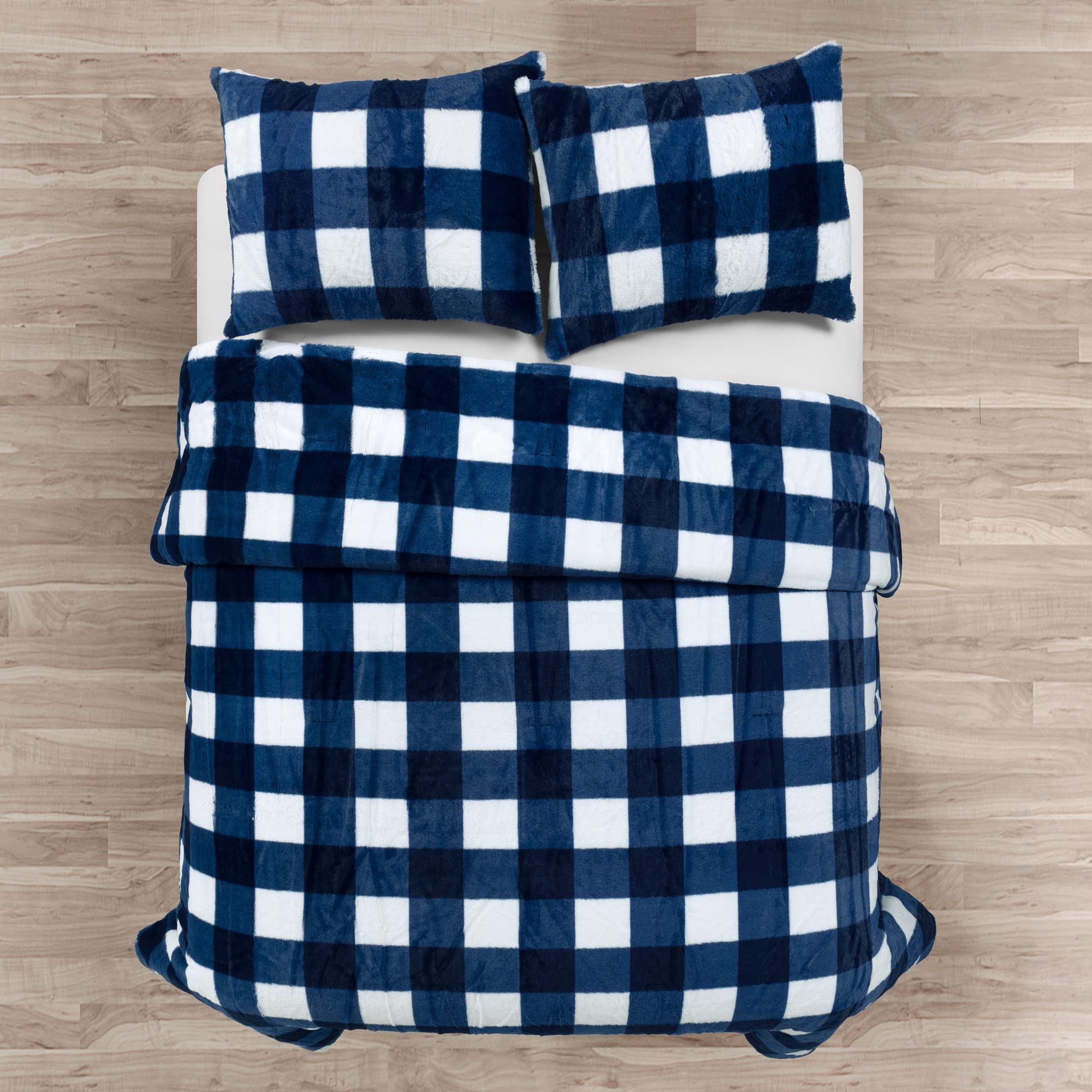 Lush Decor Plaid Soft Fluffy Faux Fur Comforter Set, Twin, Navy - Plush Light Weight All Season Kids College Dorm 2 Piece Bedding Set