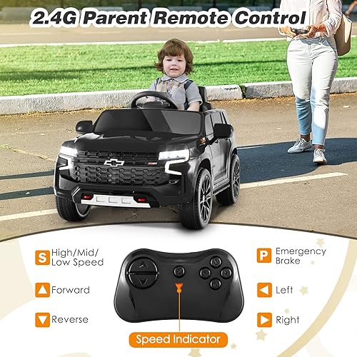 Miniatura 5 de HONEY JOY Camión para montar, Chevrolet Tahoe con licencia de 12 V, vehículo eléctrico Chevy para niños, arranque suave, música, luces, juguete de