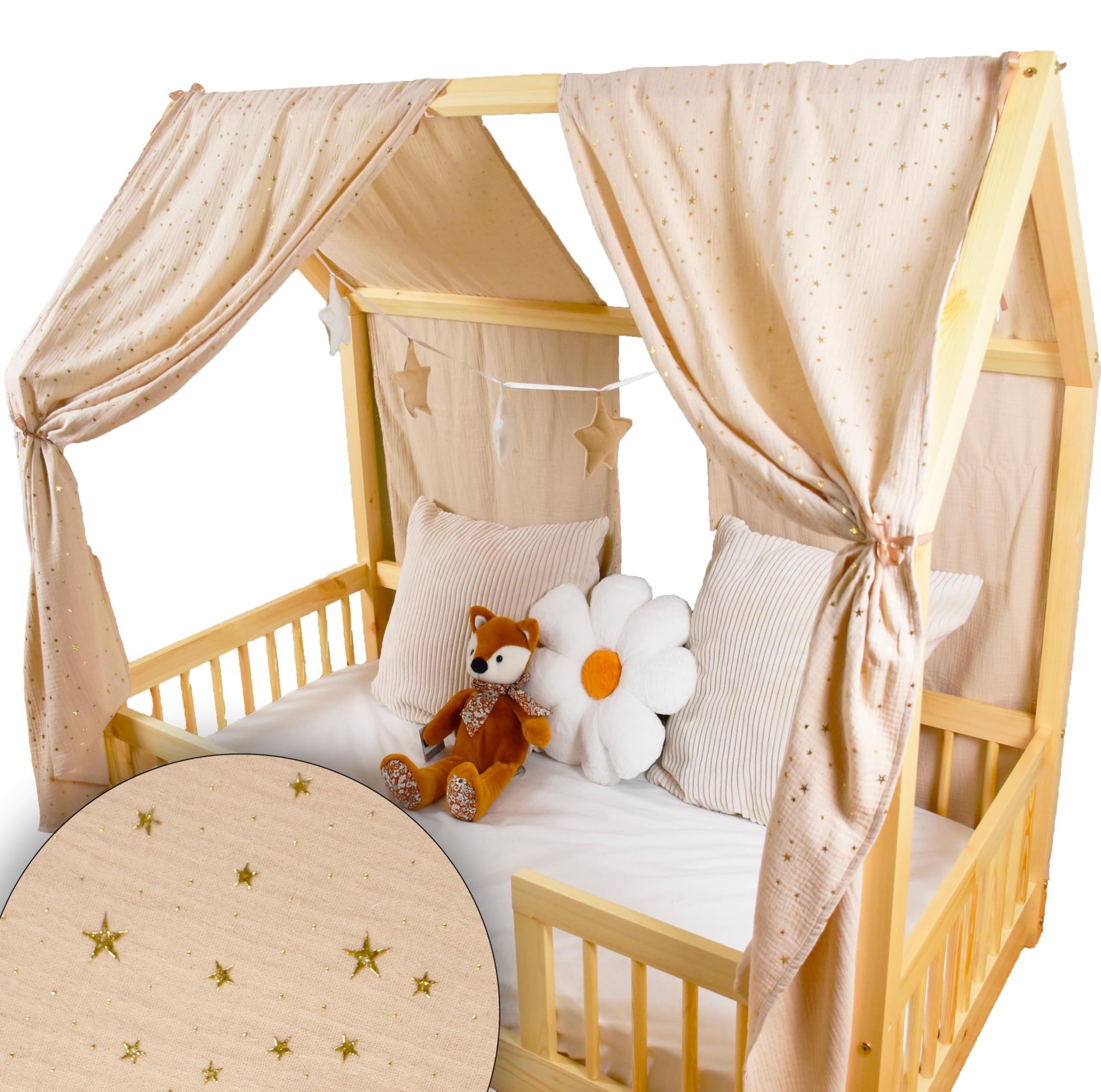 YellowNest Hausbett Himmel (2er Pack) - 100% Baumwolle - Betthimmel Hausbett aus Musselin (2er Pack) - Himmelbett Vorhänge für 80x160 & 140x200 cm (Beige Wimpelkette Stern, 130 x 320 (2er-Set))