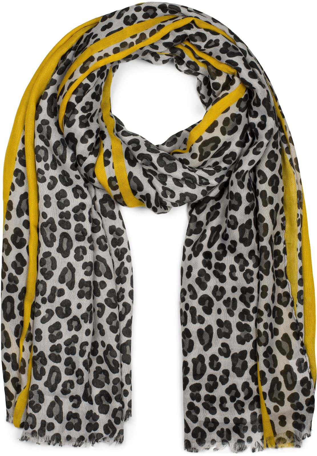styleBREAKER women scarf with leopard print, coloured stripes and fringing, winter scarf, stole, shawl 01017082, Colour:Grey-Yellow