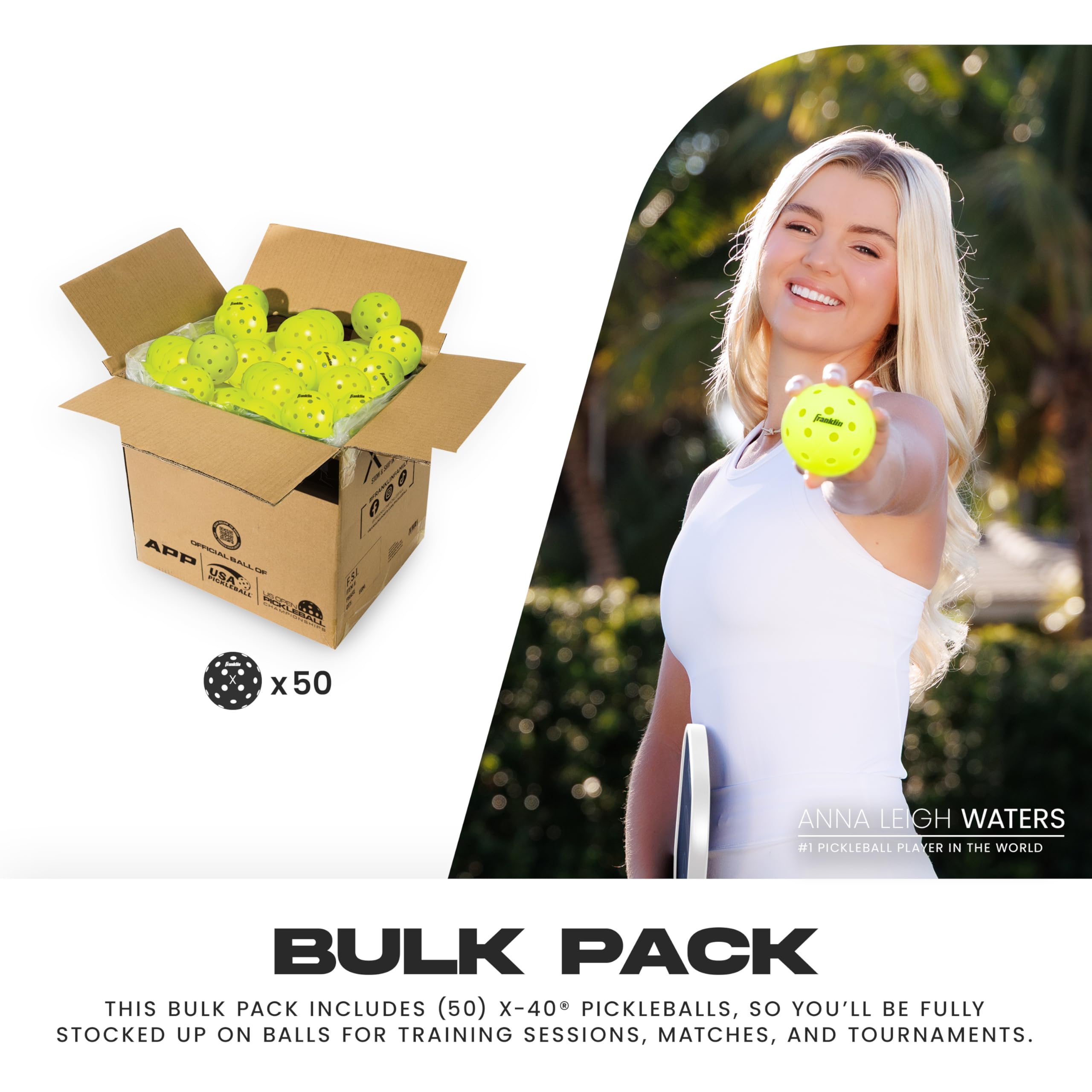 Franklin Sports X-40 Outdoor Pickleballs - USA Pickleball (USAPA) Official Pickleball Balls - Regulation Size Outdoor Court Pickleballs - Official Pickleball of US Open - Optic Yellow - 50 Pack