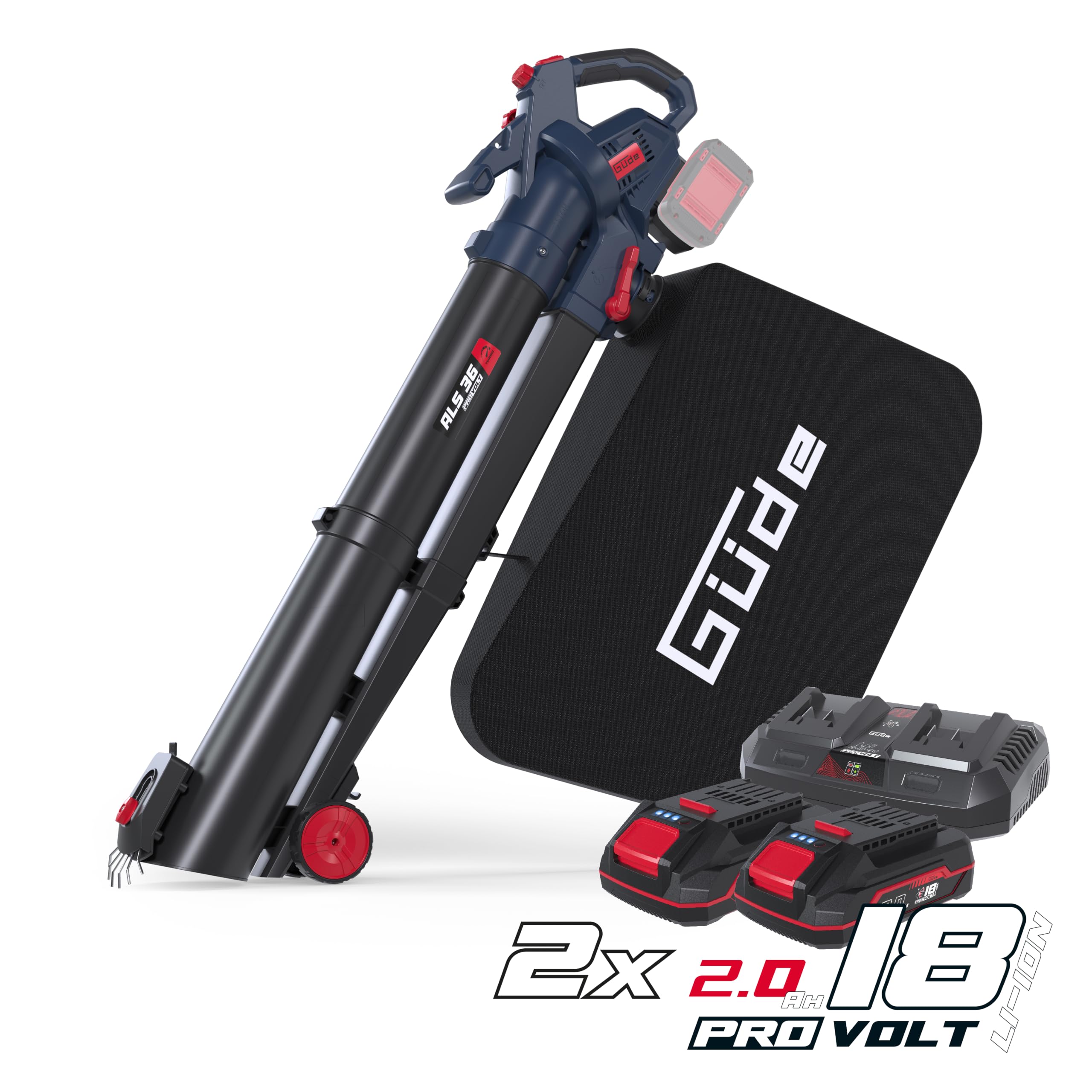 Güde Akku Laubsauger ALS 36-202-30-2 Stück 2 Ah Akkupack, Doppelladegerät | Saugen, Blasen, Häckseln, Vario-Speed mit Turbo, Blätterkralle, Reinigungsklappe, einstellbare Fahrrollen, 45 Liter Fangsack