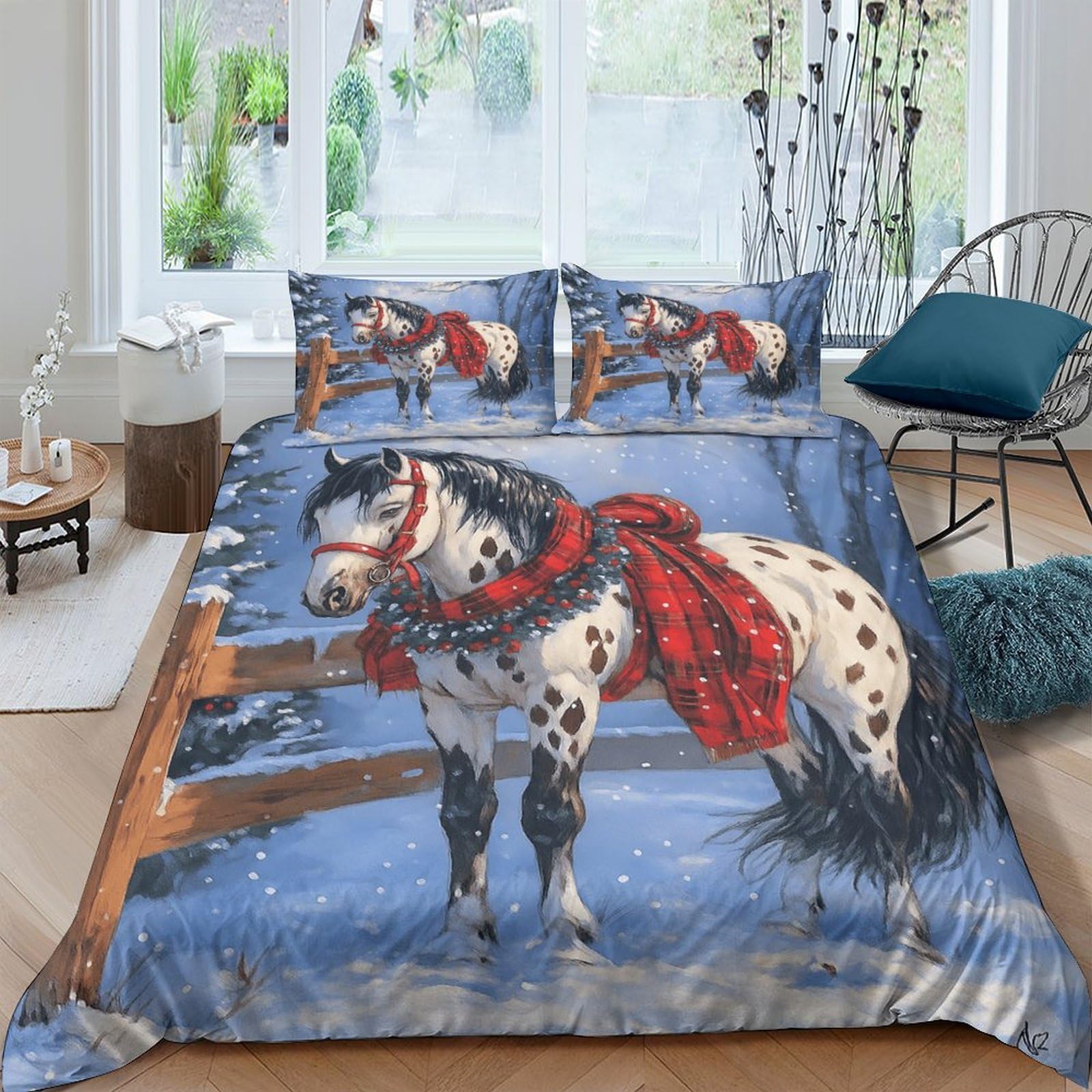 GPLZQXKJNH 3D Printed Horse Red Scarf Duvet Cover Microfiber Soft Breathable Western Style Bedding Set with 2 Pillowcases for Bedroom Decor Single（135x200cm）