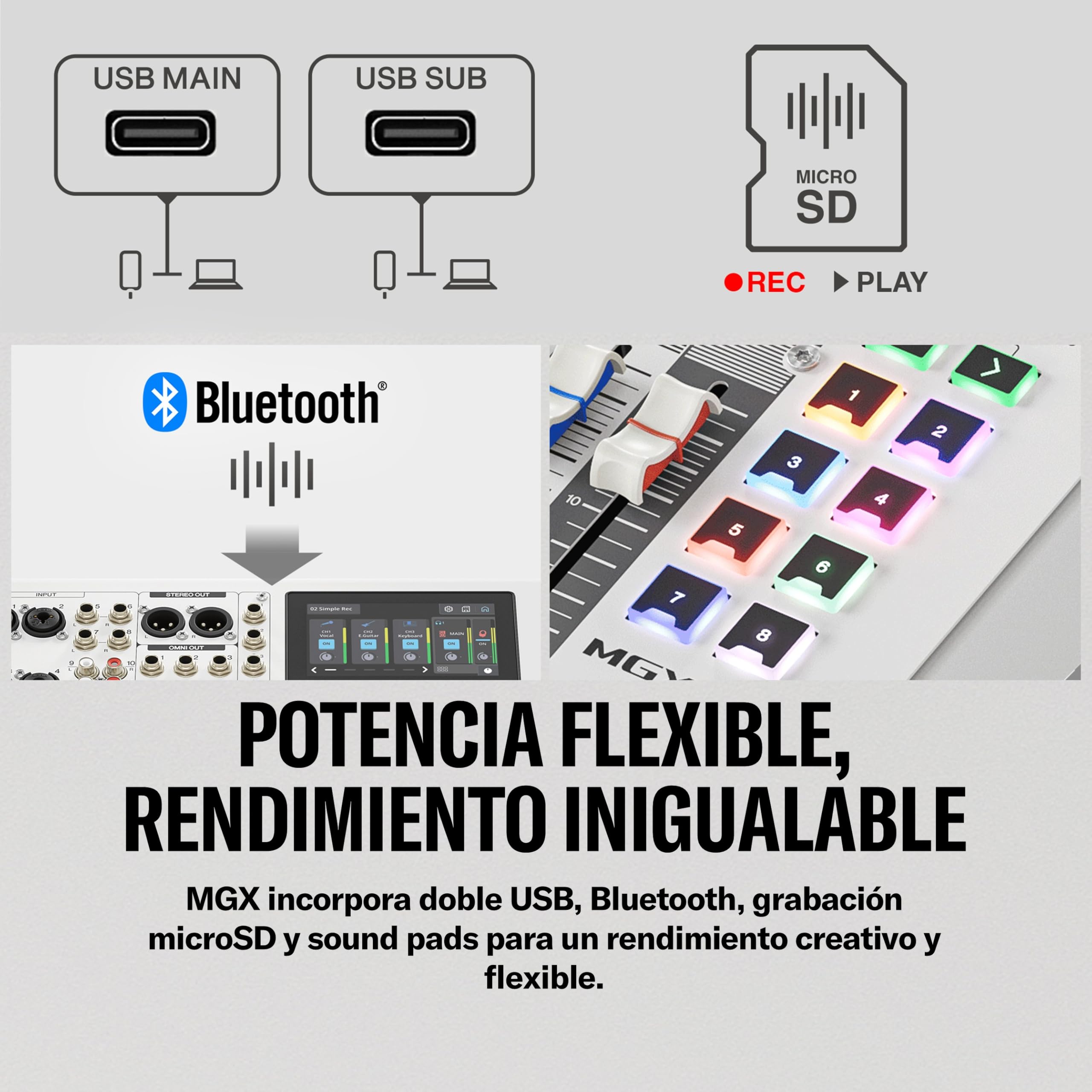 YAMAHA MGX12 Consola de Mezcla Digital con LCD Táctil, Bluetooth, Blanco | Mezclador Compacto con Doble USB, Grabación Multipista en microSD y Herramientas de Audio Inteligentes
