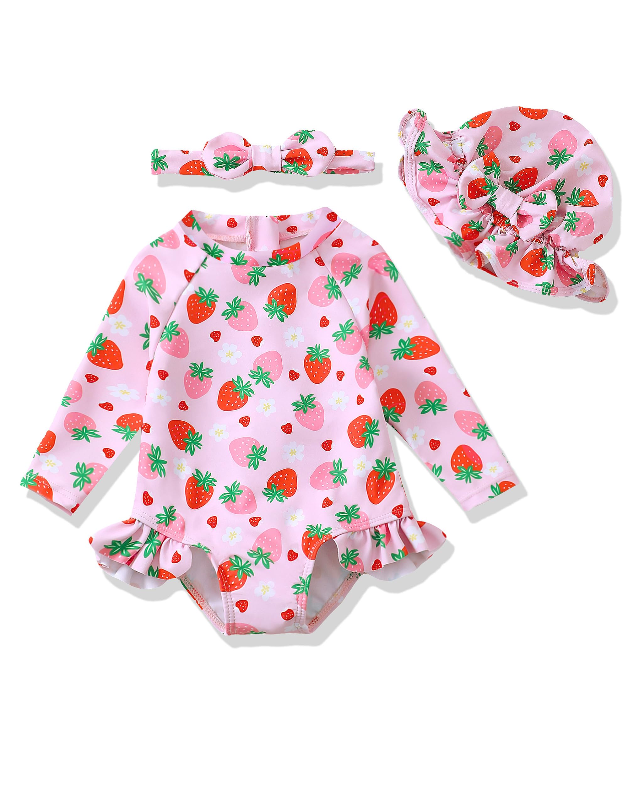 Baby Girl Swimsuit Long Sleeve One-Piece Swimwear with Hat Rash Guard Ruffle Floral Zipper Beach Infant Bathing Suit