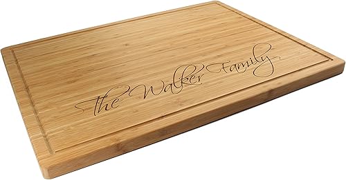 Miniatura 8 de BambooMN Tabla de cortar de bambú grabada con láser, nombre de la familia de escritura simple, 1 pieza, 11.75 x 8.63 x 0.4 pulgadas (ranurada con