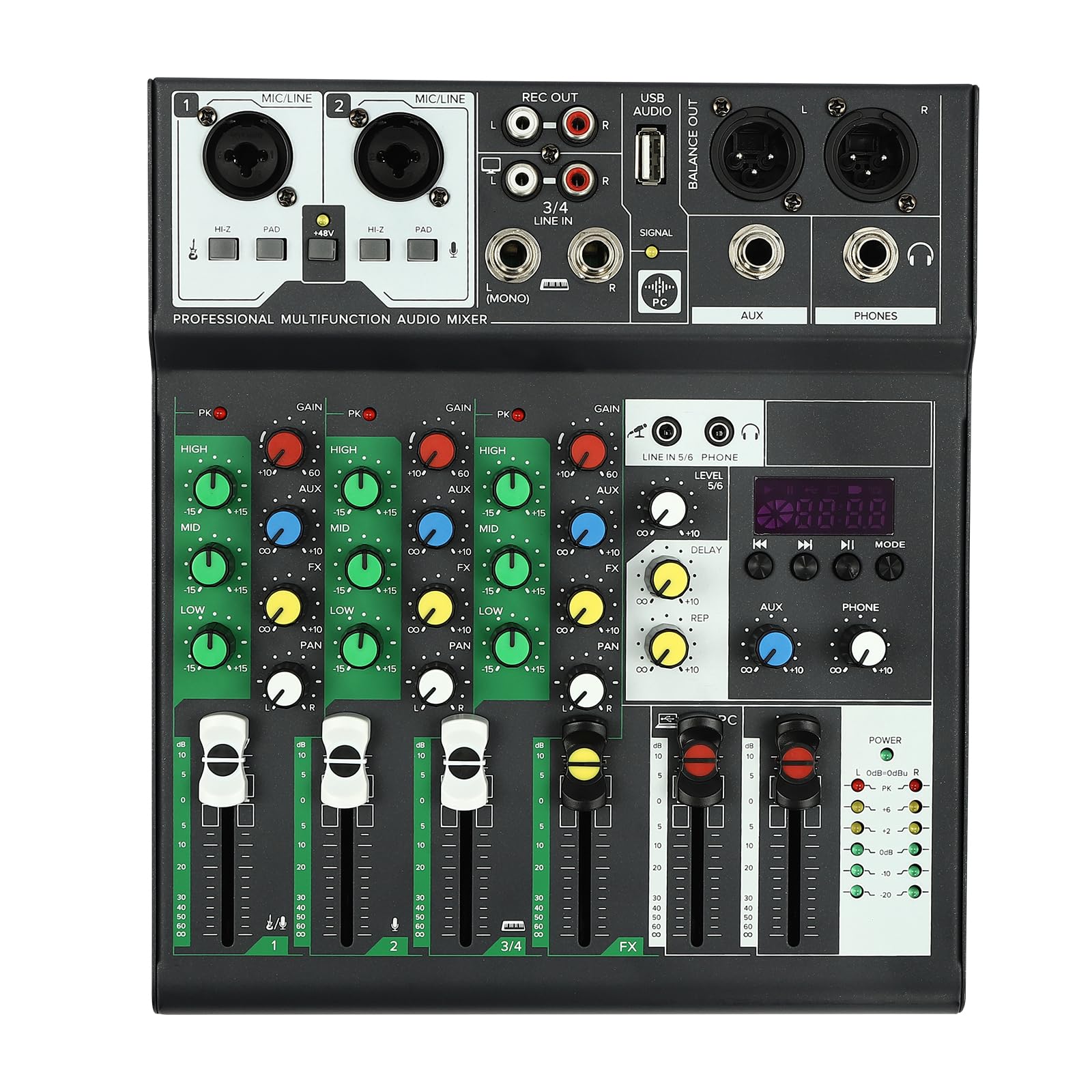 Mixer DJ a 4 canali con Bluetooth, USB e alimentazione phantom da 48 V, interfaccia audio compatta con 4 effetti sonori (High/Mid/Low/Reverb), mixer per studio domestico, spettacoli dal vivo, podcast