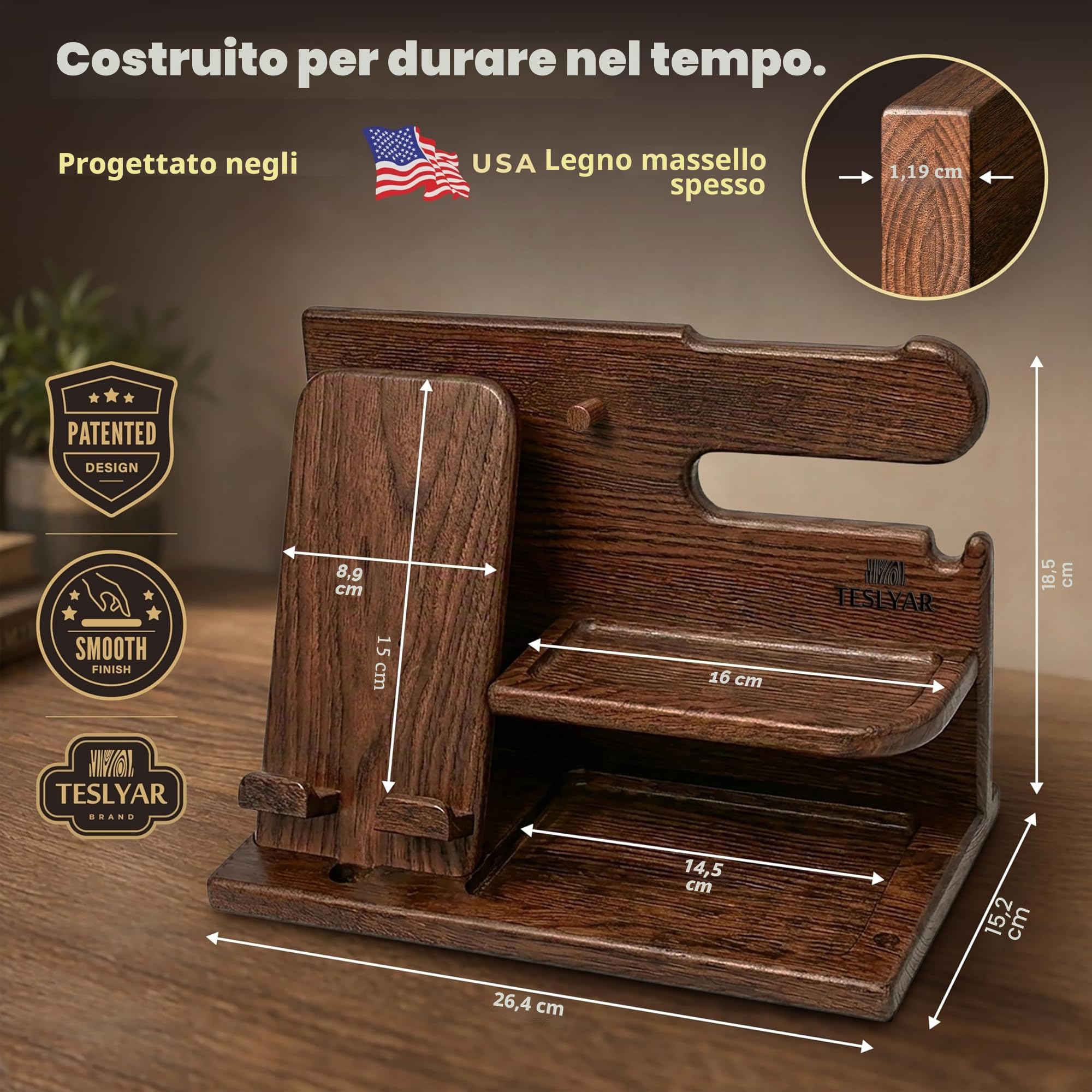 Teslyar Docking Station in Legno Massello di Frassino, Organizer da Comodino per Smartphone, Orologio, Portafoglio | Idea Regalo Uomo/Donna per Natale, Marito, Moglie, Papà (Marrone)