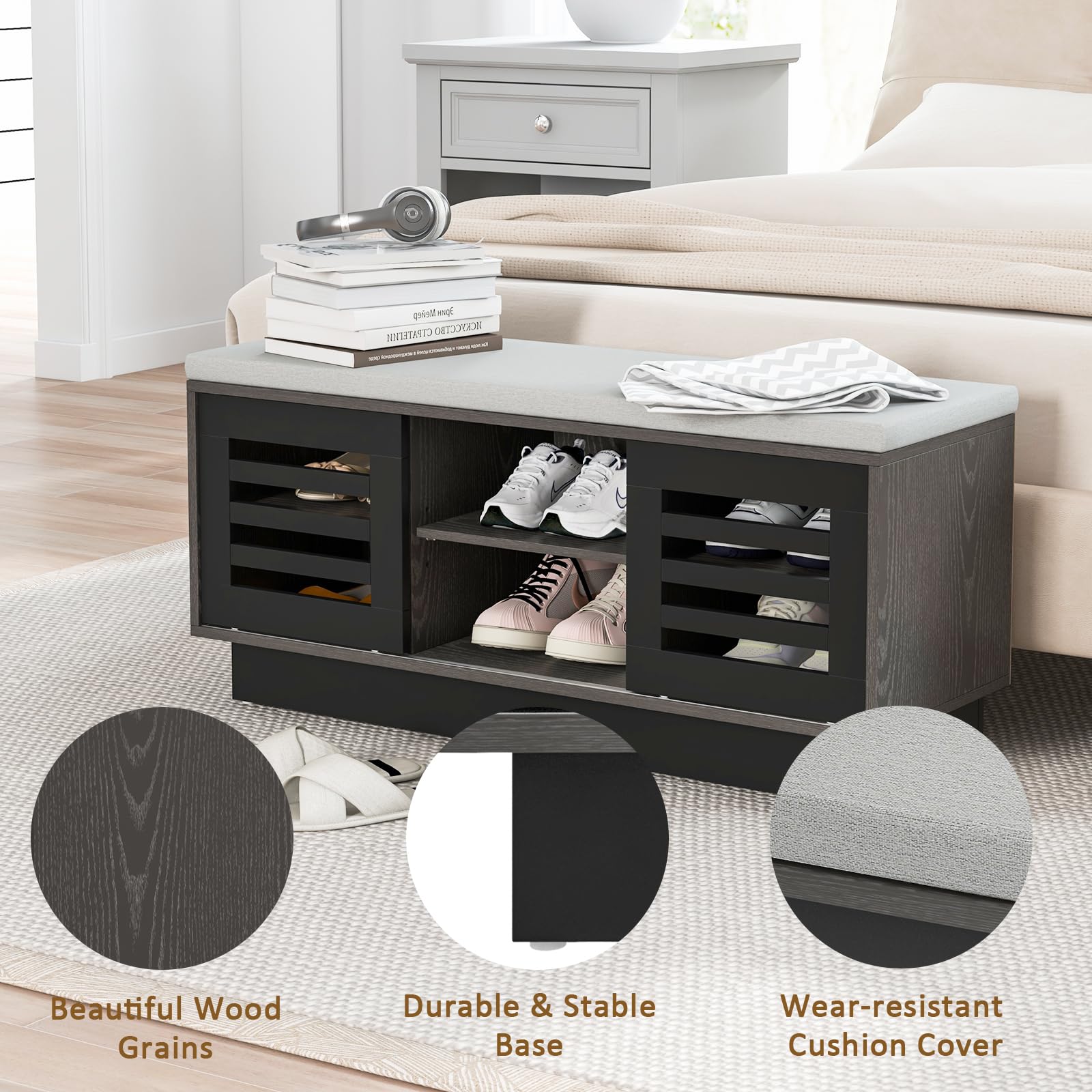 HOMASIS Panca Scarpiera con Cassetti, Portascarpe Ingresso con Seduta Imbottita, Scarpiera con 3 Ripiani Regolabili e 2 Ante Scorrevoli, Panchetta in Legno per Corridoi, 99,5 x 34,5 x 46 cm (Nero)
