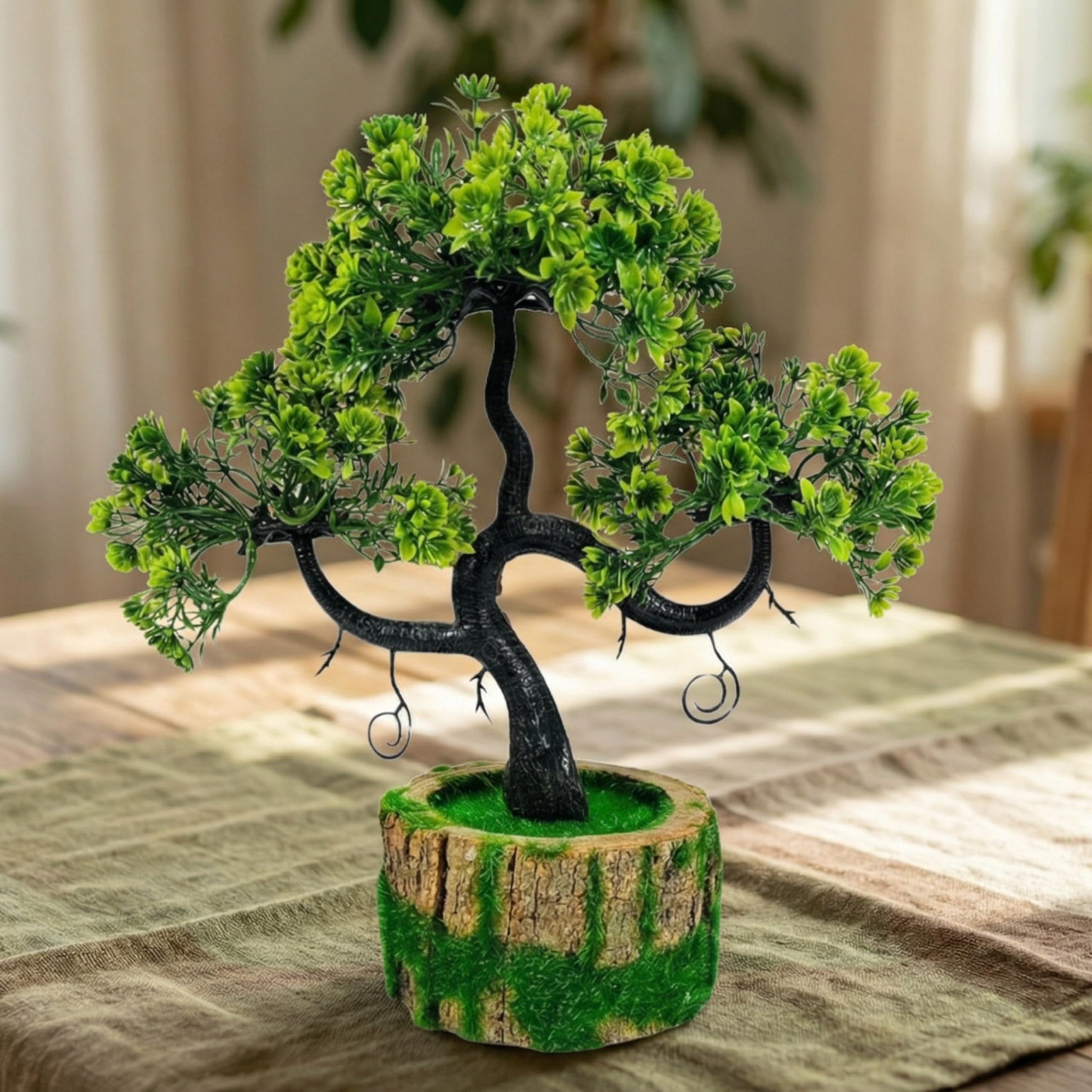 Dekorly Artificial Plants with Green Wooden Pot Fake Bonsai Plants Greenery Desktop Display Simulation,Office,Home Office Bedroom Living Room Tabletop Bathroom Decor | Height : 25CM (Green) - Image 5 thumbnail