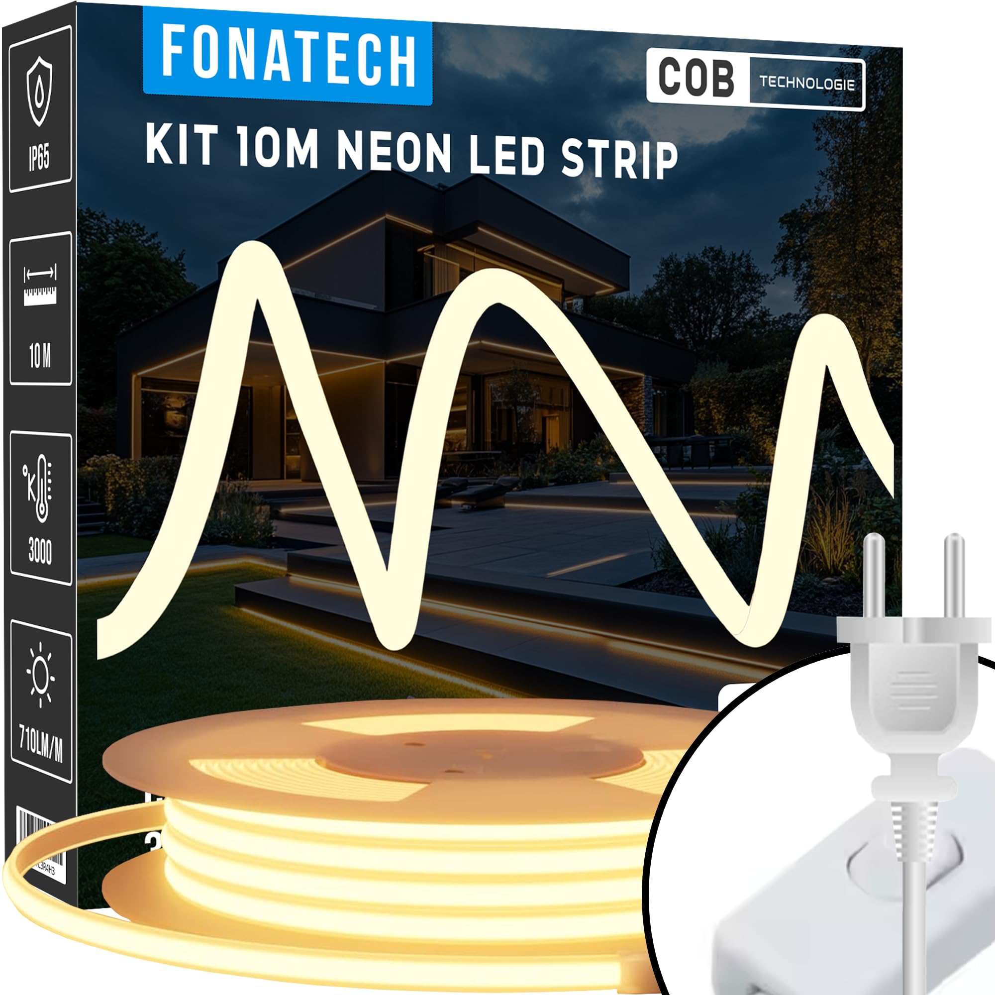 Tira LED COB 10m 220V Blanco Cálido, Exterior Impermeable IP65, Neón Flexible Cortable cada 50cm, Reutilizable con Conectores, Sin Transformador, Iluminación Decorativa Interior y Jardín