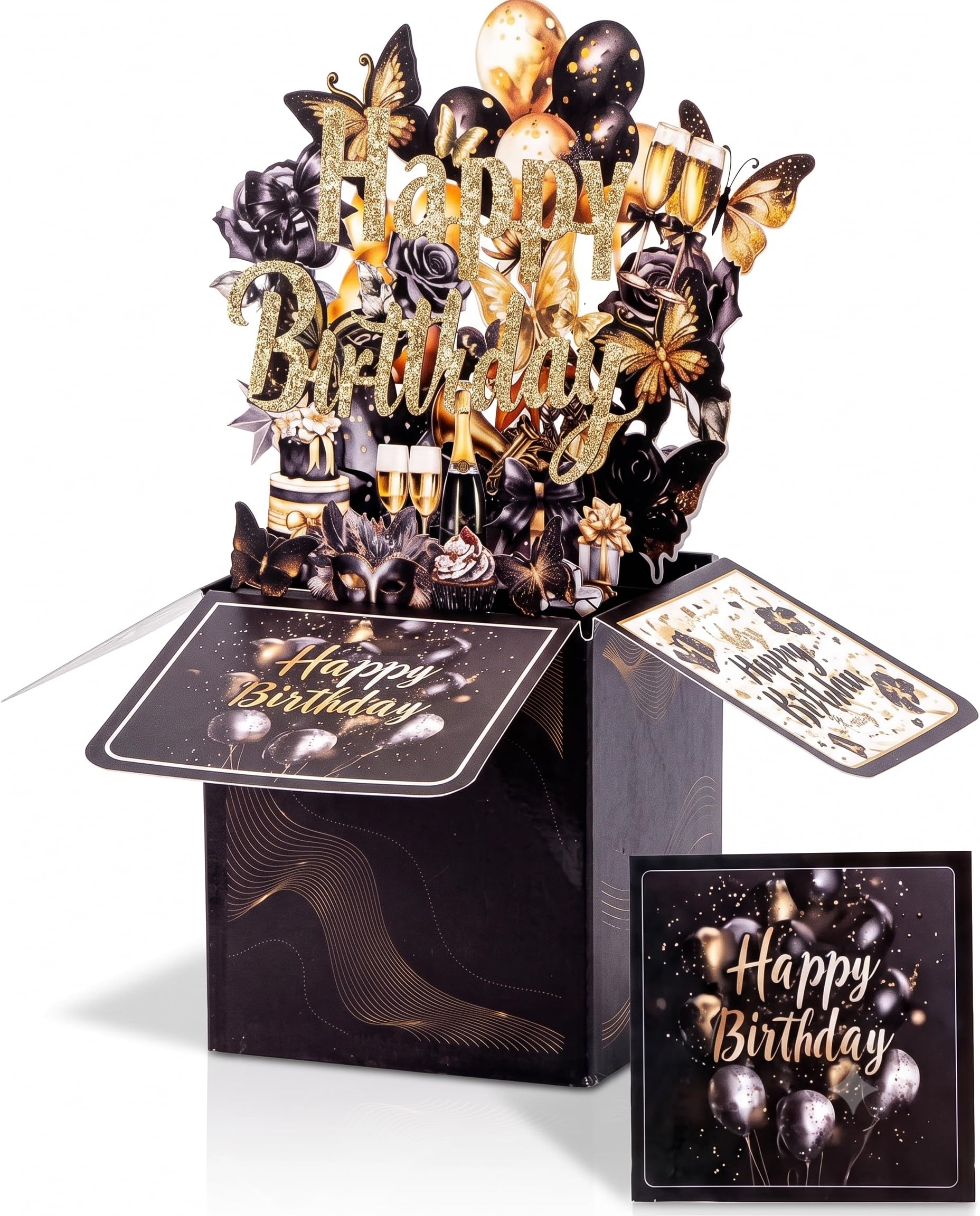 Runzefeng 3D Pop Up Birthday Card for Men and Women, Black Gold