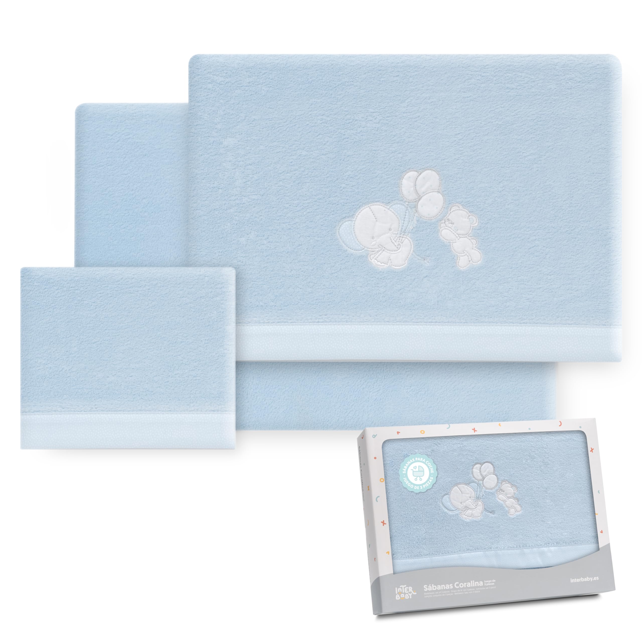 Interbaby Bettwäsche für Kinderwagen, 40 x 80 cm, Baby – Winter-Bettwäsche aus Coralina-Stoff – Modell Elefant Ballon Herz – enthält Bettlaken + Bettlaken + Kissenbezug